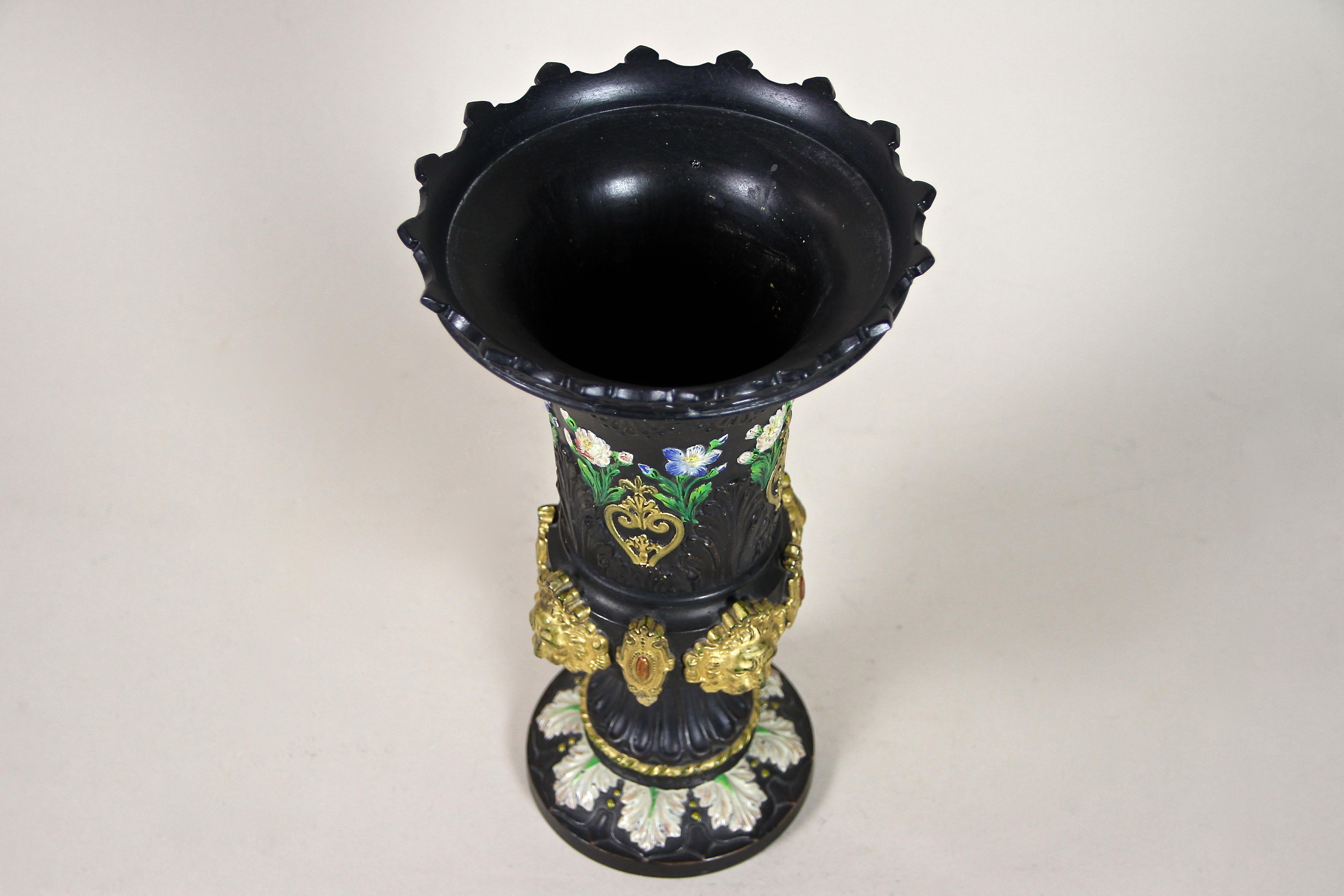 Black Majolica Vase With Gilt Lion Heads by WS & S, Bohemia, circa 1875 5