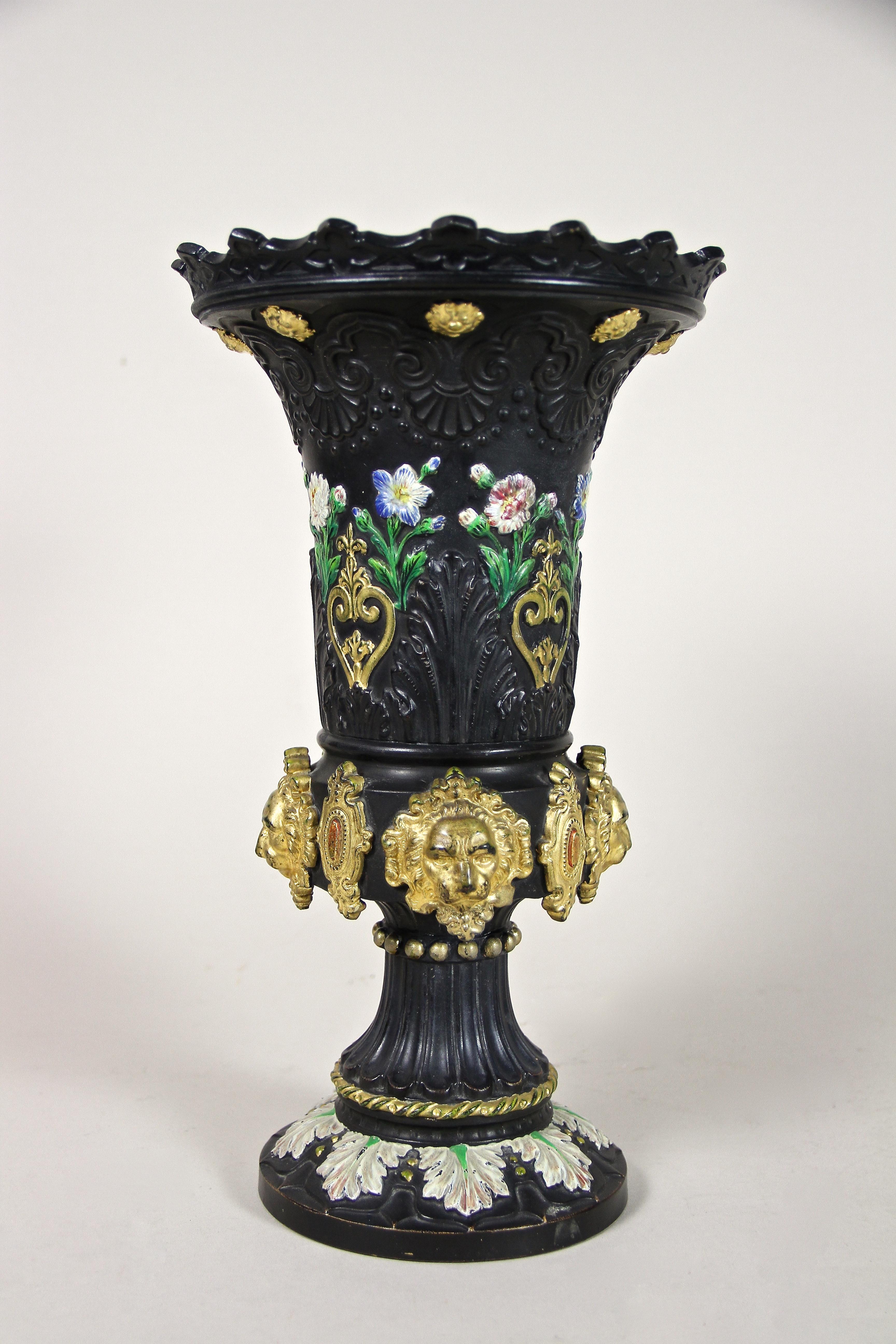 Czech Black Majolica Vase With Gilt Lion Heads by WS & S, Bohemia, circa 1875