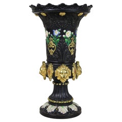 Vase en majolique noire avec têtes de lion dorées par WS & S, Bohemia, vers 1875