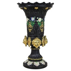 Black Majolica Vase With Gilt Lion Heads by WS & S, Bohemia, circa 1875