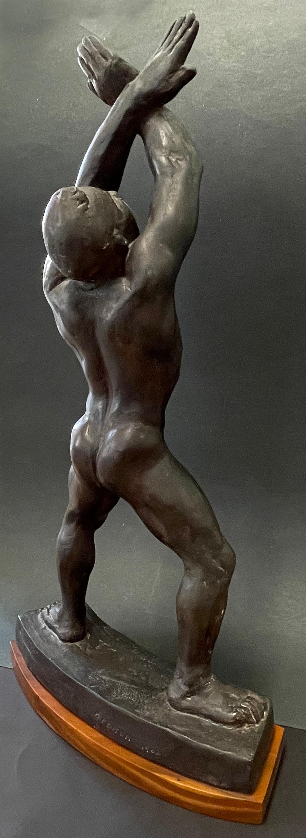 Highly unusual in Beatrice Fenton's oeuvre, this dramatic figure of a Black male figure with his arms raised and crossed at the wrist -- either in celebration, worship, agony or adoration, it's not clear -- may depict an African or an African