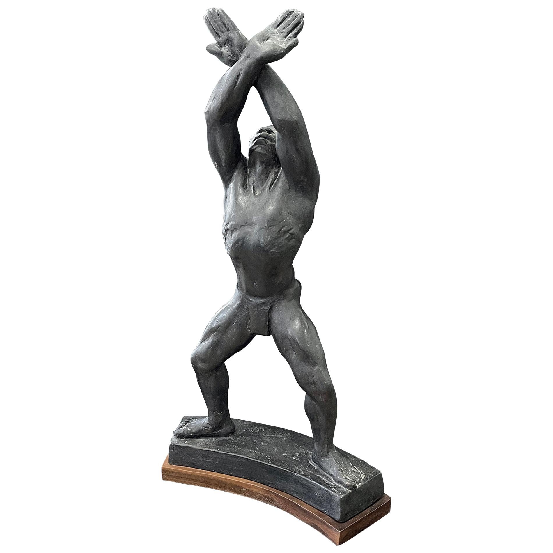 "Black Male with Upraised Arms, " Nude Sculpture of African Figure by Fenton For Sale