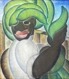 „Schwarzer Mann, der grüne Bananen trägt“, Art-Déco-Zeichnung, 1930er Jahre, in Blau & Grün