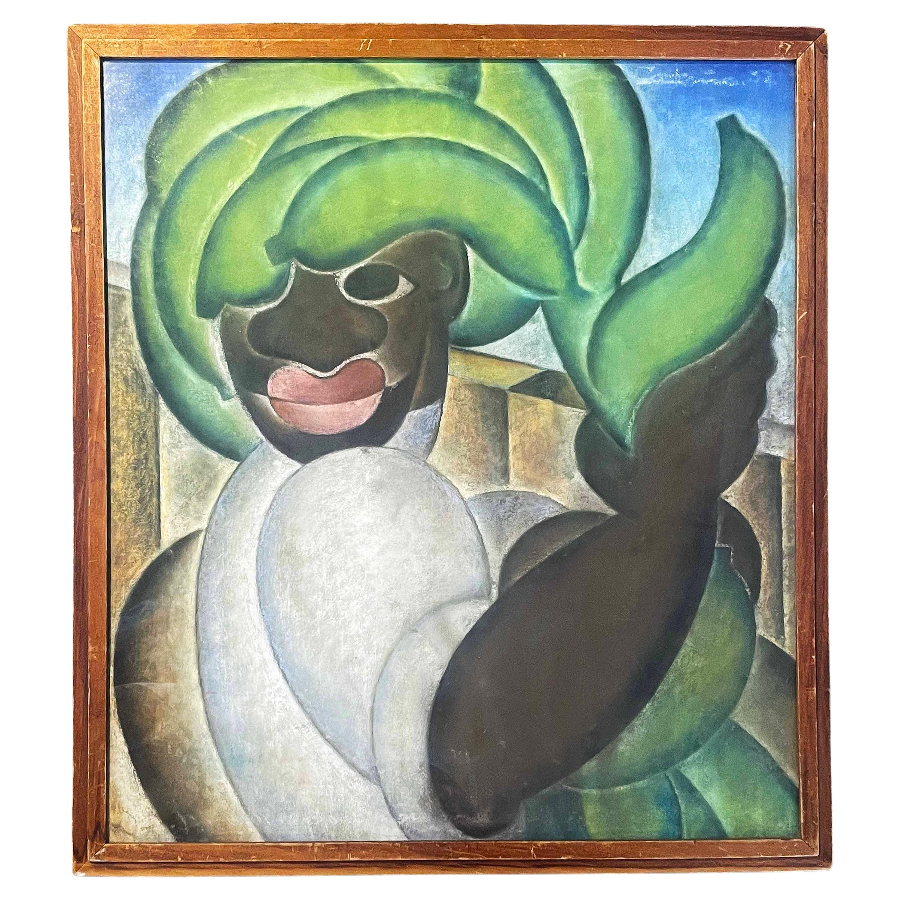 "Black Man Carrying Green Bananas", Art Deco Drawing, 1930s, in Blue & Green