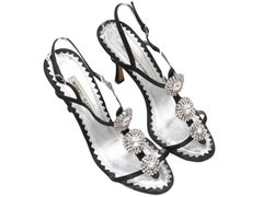 Black Manolo Blahnik Crystal-Embellished T-Strap Heeled Sandals Size 39