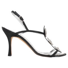 Black Manolo Blahnik Crystal-Embellished T-Strap Heeled Sandals Size 39