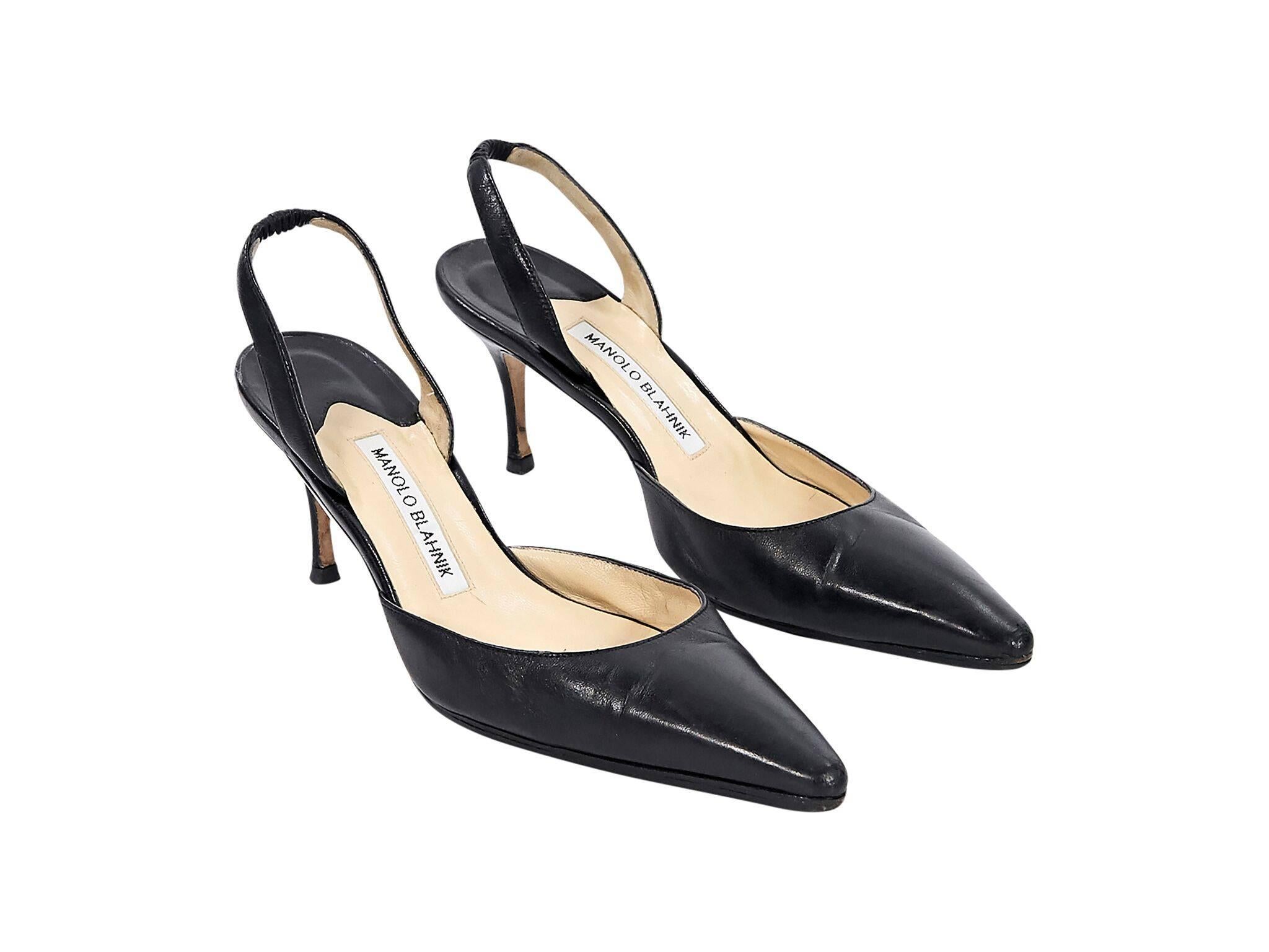 Product details:  Black leather slingback pumps by Manolo Blahnik.  Point toe.  Low kitten heel.  Slip-on style.  
Condition: Pre-owned. Very good. 
Est. Retail $370