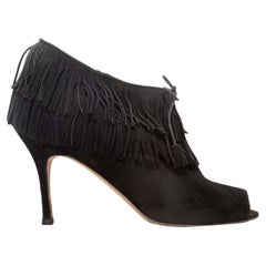 Black Manolo Blahnik Suede Peep-Toe Fringe Booties Size 40