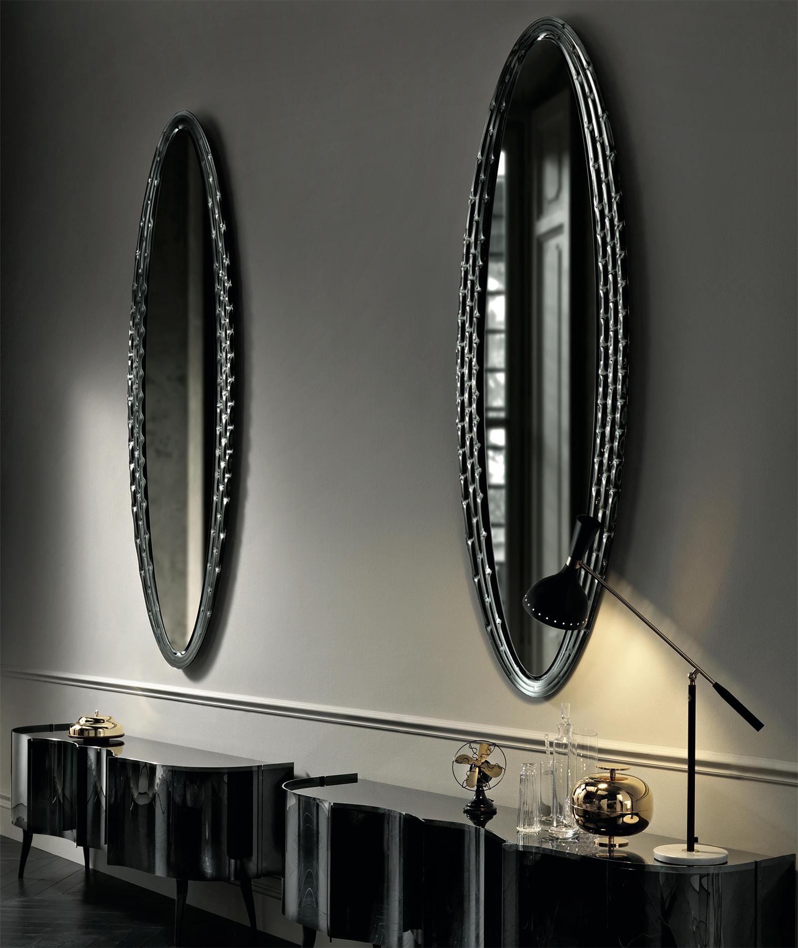 Glass Black Manor Oval Mirror For Sale