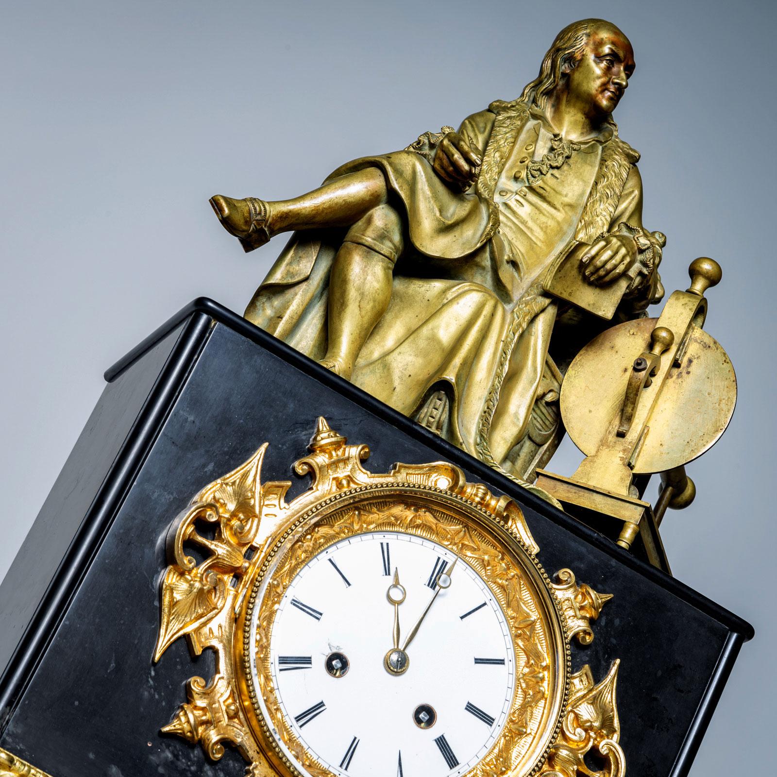 Black Mantel clock with Benjamin Franklin in Bronze, 2nd Half 19th Century For Sale 6