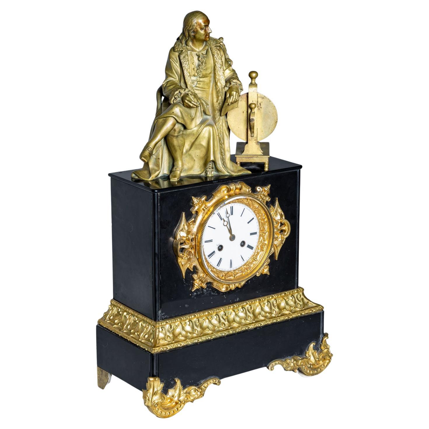 Black Mantel clock with Benjamin Franklin in Bronze, 2nd Half 19th Century For Sale