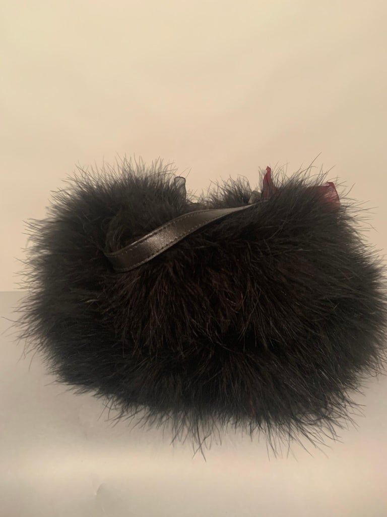 Black Marabou Feather Purse Claret Silk Flowers and Leather Trim Made