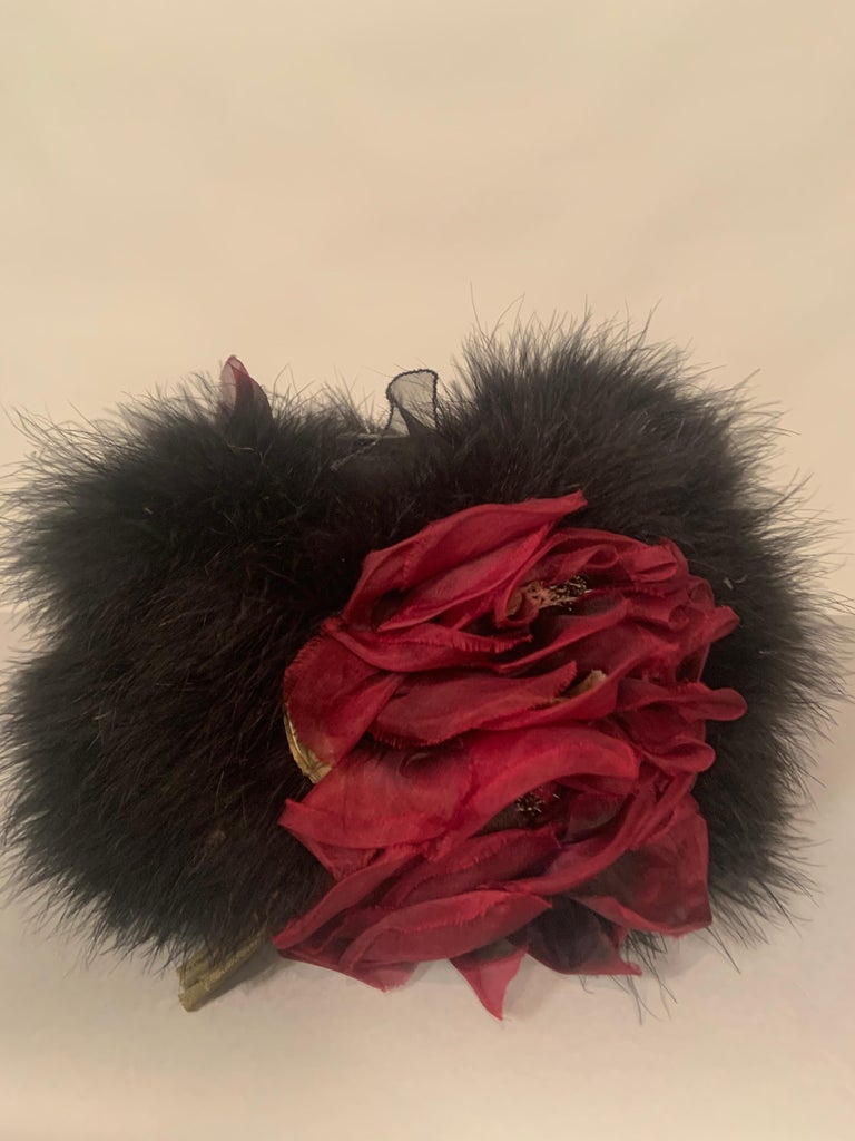 Black Marabou Feather Purse Claret Silk Flowers and Leather Trim Made