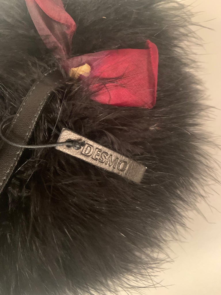 Black Marabou Feather Purse Claret Silk Flowers and Leather Trim Made