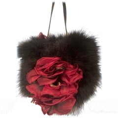 Black Marabou Feather Purse Claret Silk Flowers and Leather Trim Made in Italy