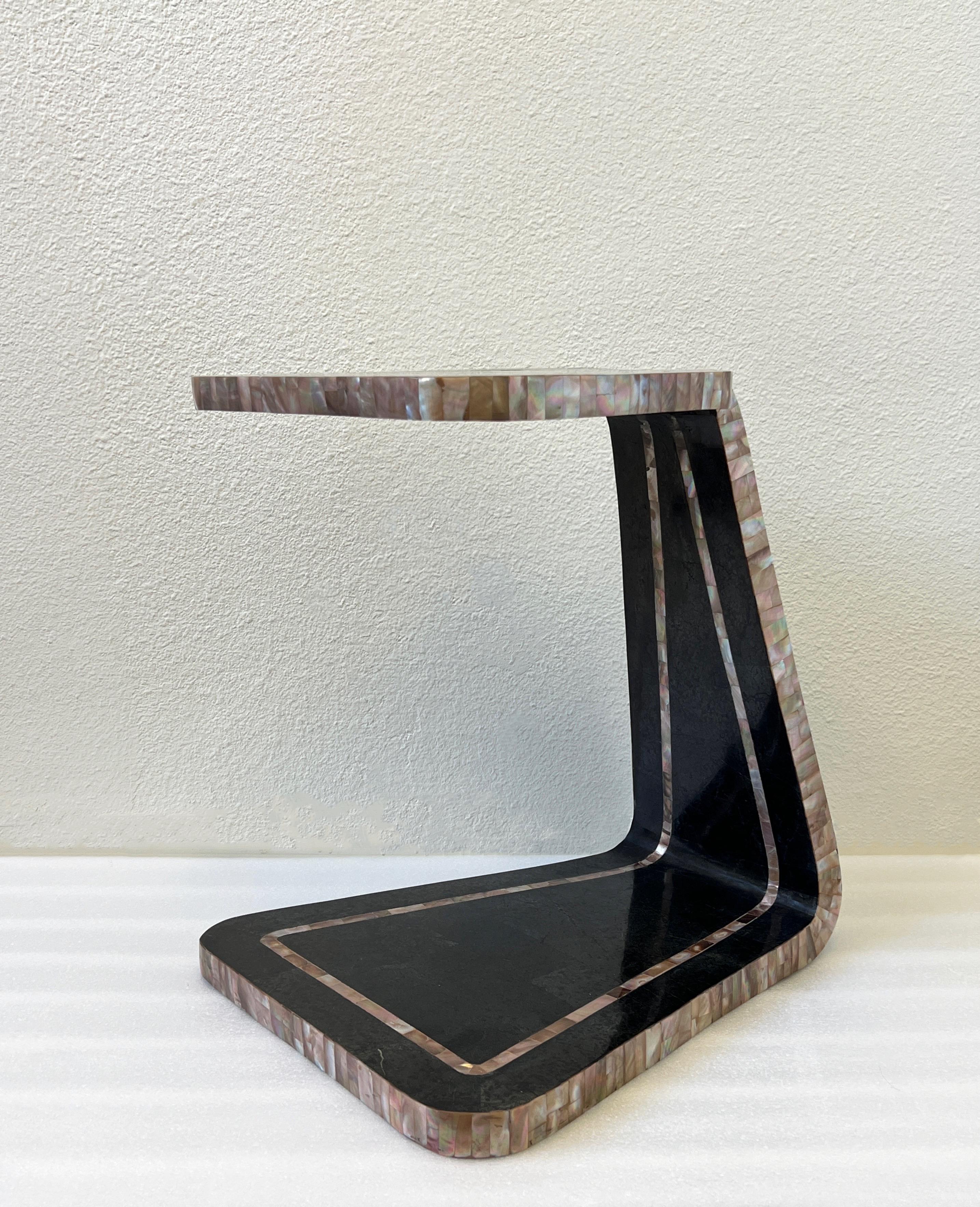 American Black Marble and Abalone Shell Side Table by Marquis Collection of Beverly Hills
