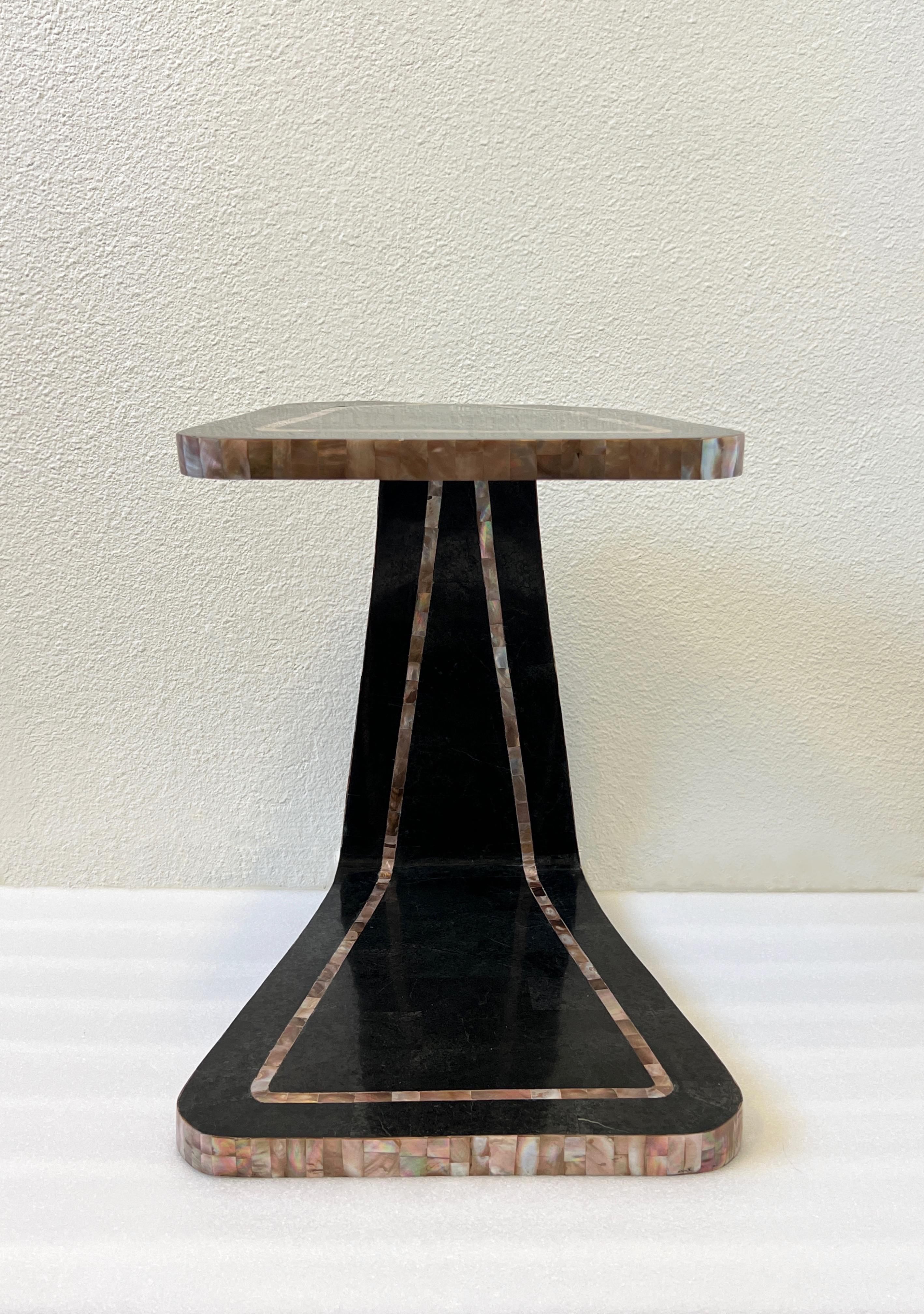 Late 20th Century Black Marble and Abalone Shell Side Table by Marquis Collection of Beverly Hills