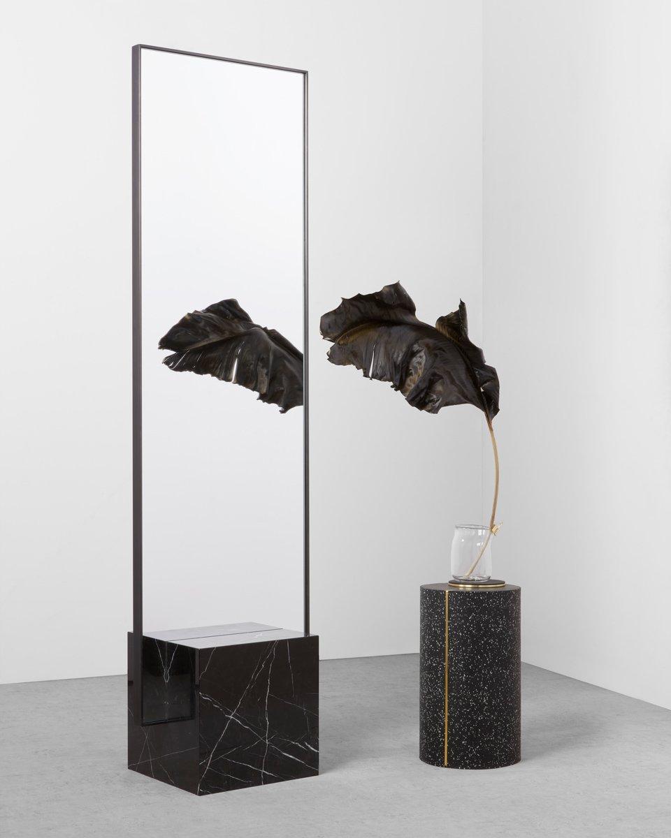 Black Marble and Black Steel Dark Spring Coexist Standing Mirror Slash Objects In New Condition For Sale In Brooklyn, NY