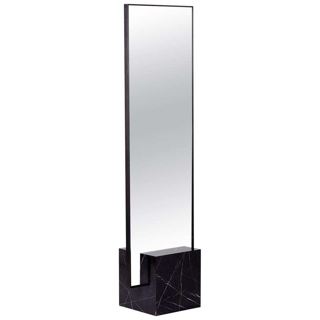 Black Marble and Black Steel Dark Spring Coexist Standing Mirror Slash Objects For Sale