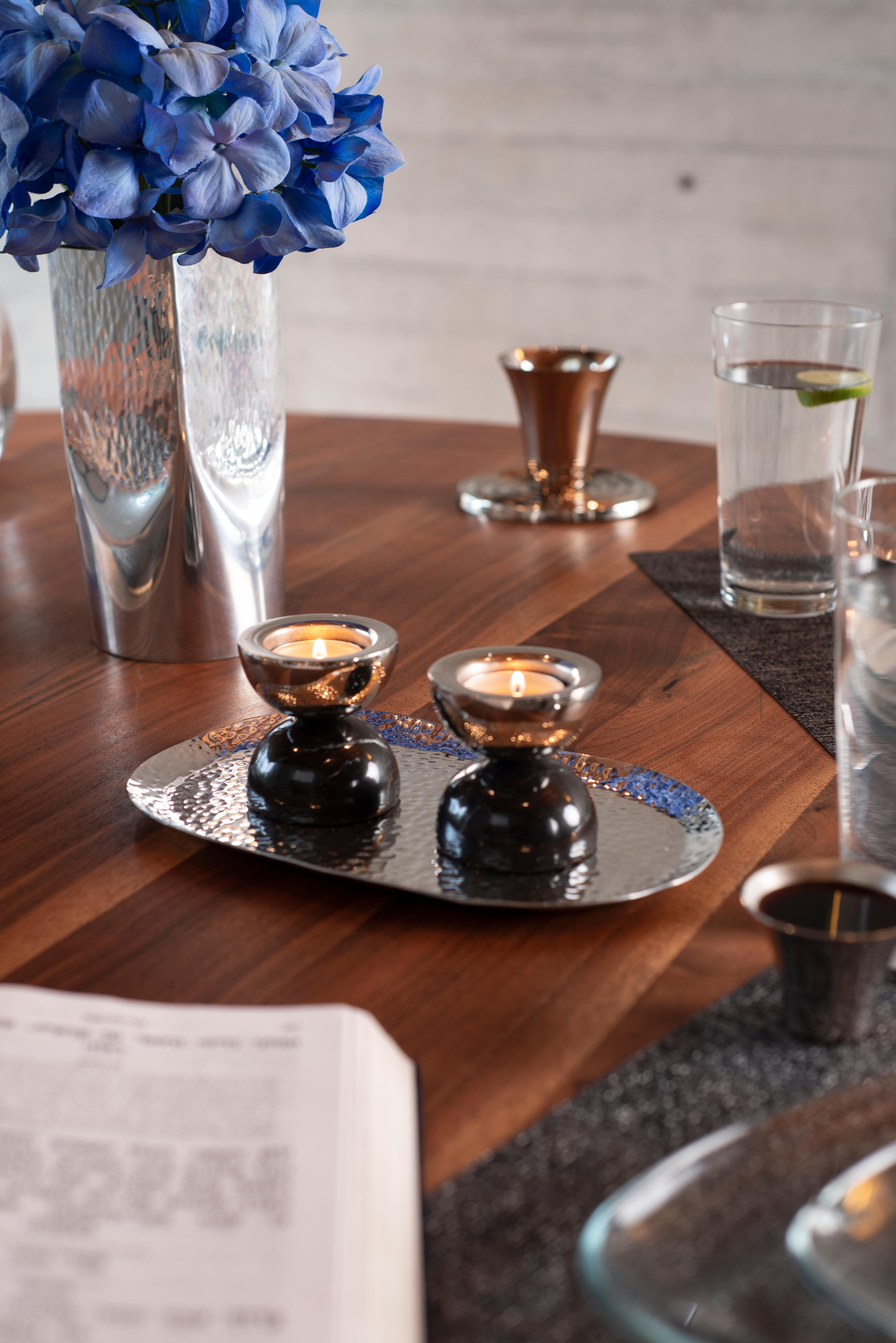 Hand-Carved Balance Black Marble & Nickeled-Brass Candle Holders