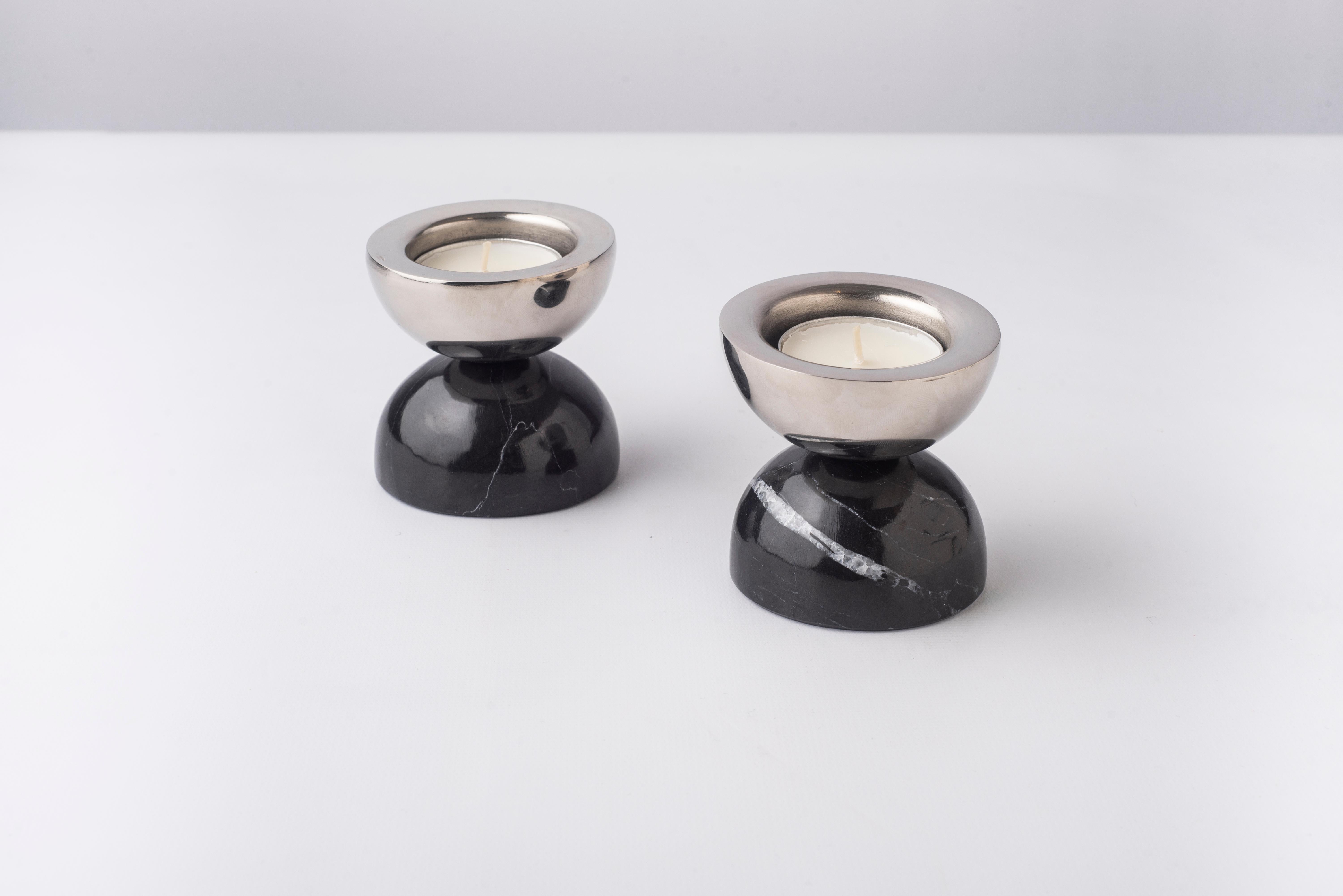 Balance Black Marble & Nickeled-Brass Candle Holders In New Condition For Sale In Mexico City, MX