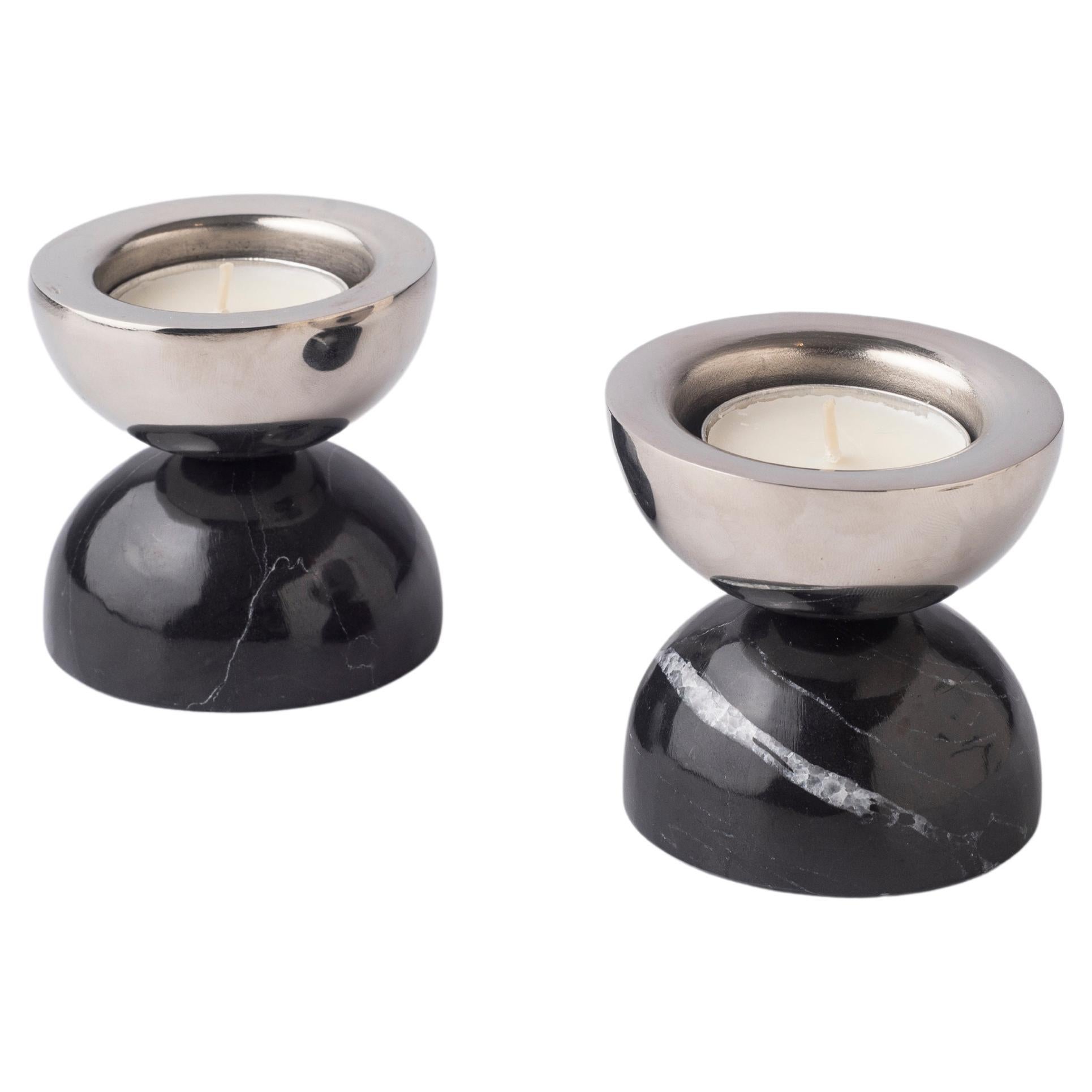 Balance Black Marble & Nickeled-Brass Candle Holders For Sale