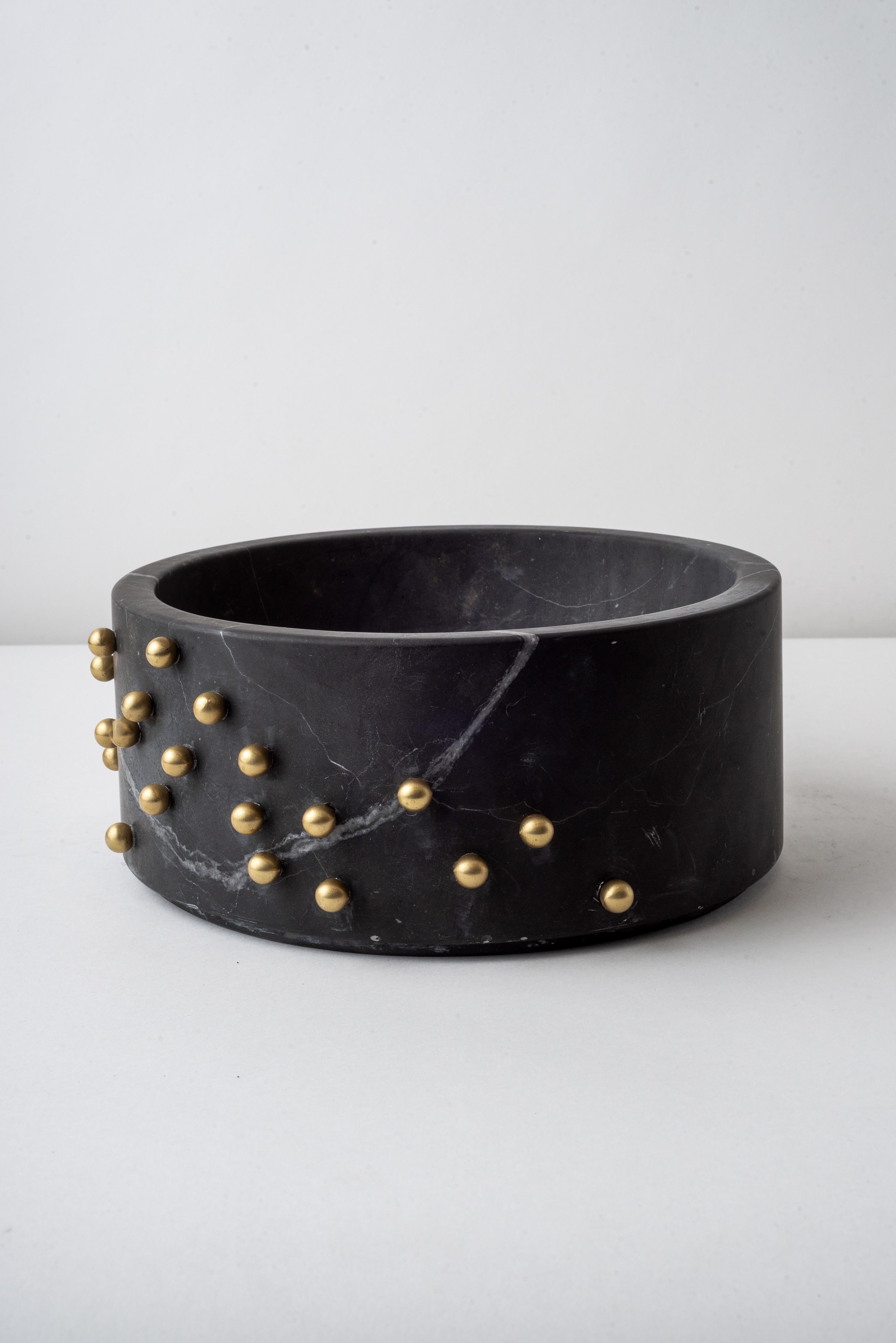 Carved Confetti Black Marble & Brass Bowl For Sale
