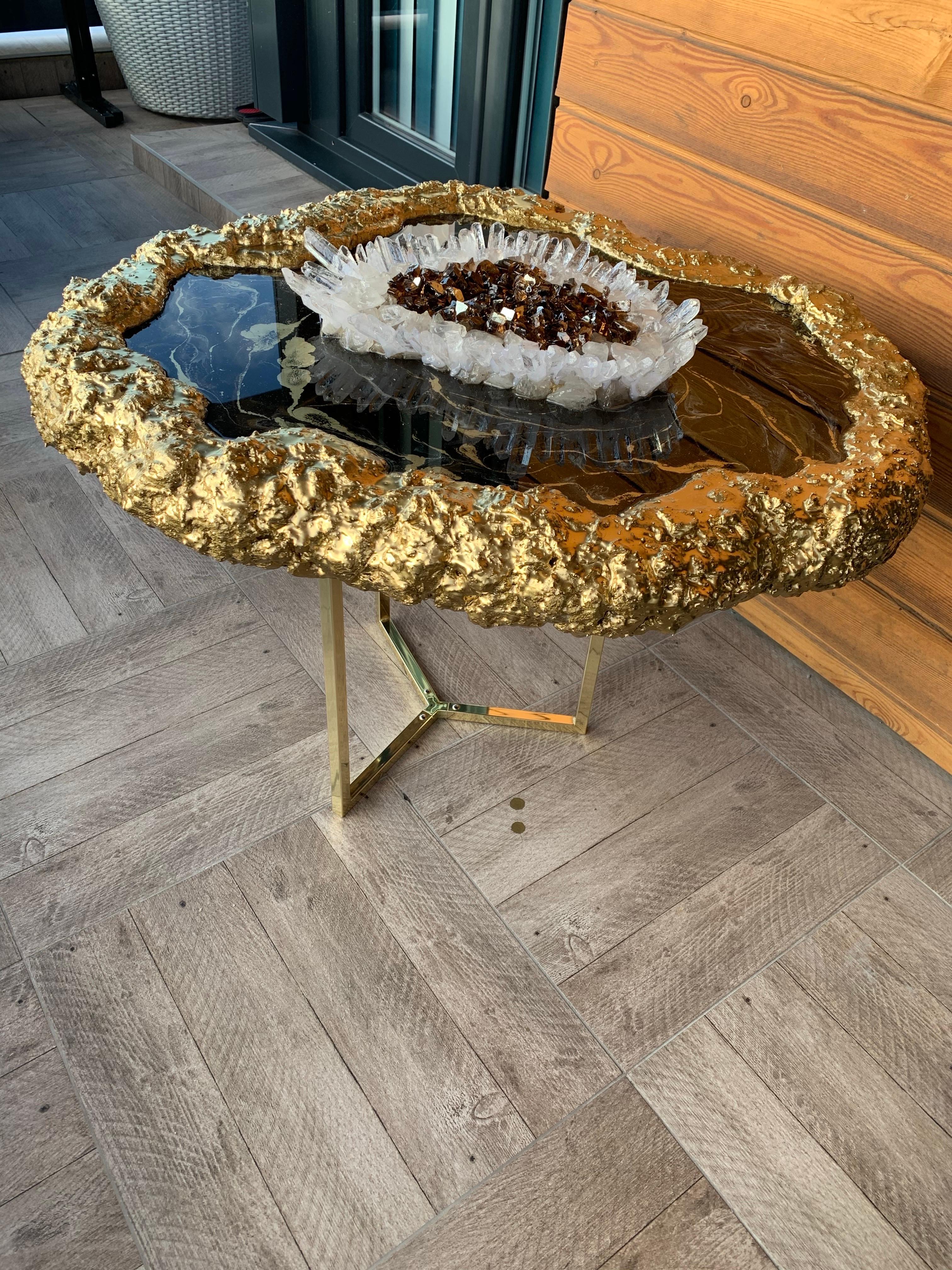 Art Deco Black marble and geode resin table with natural quartz For Sale