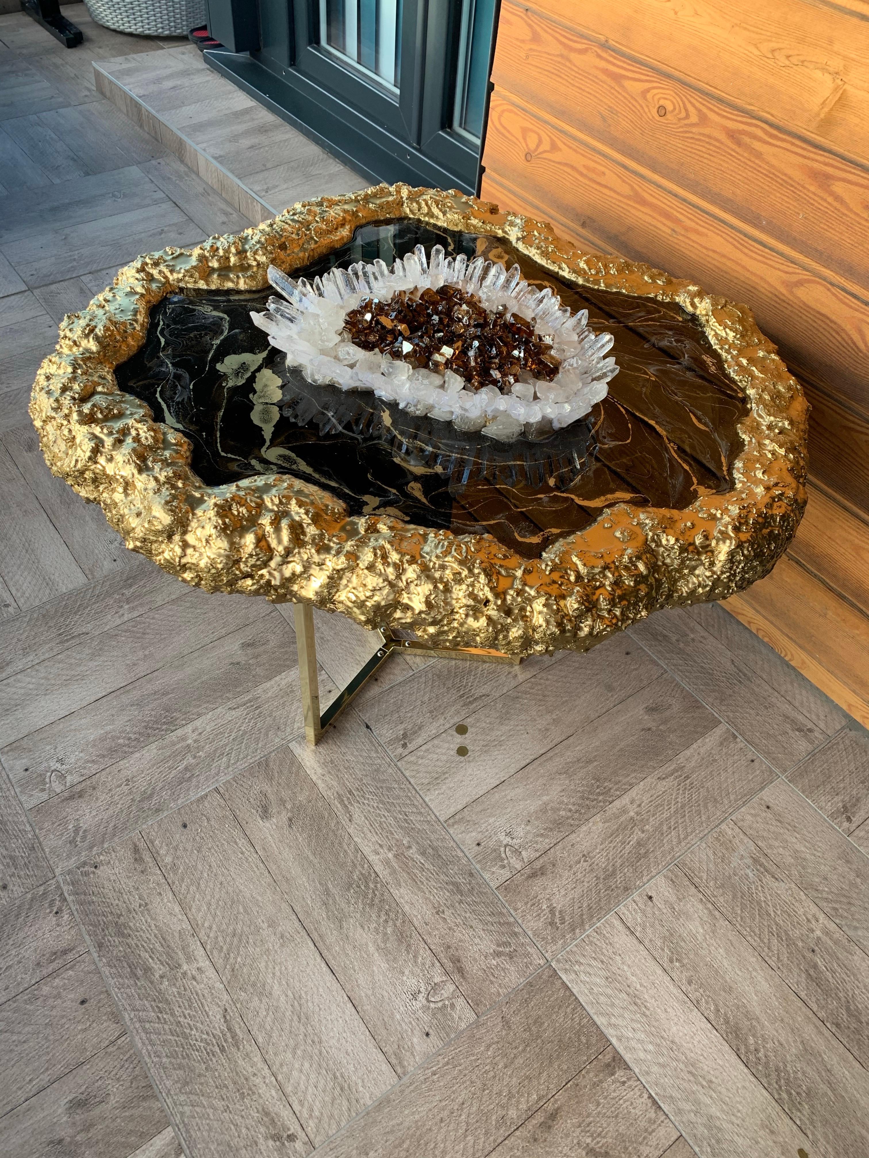 Cast Black marble and geode resin table with natural quartz For Sale