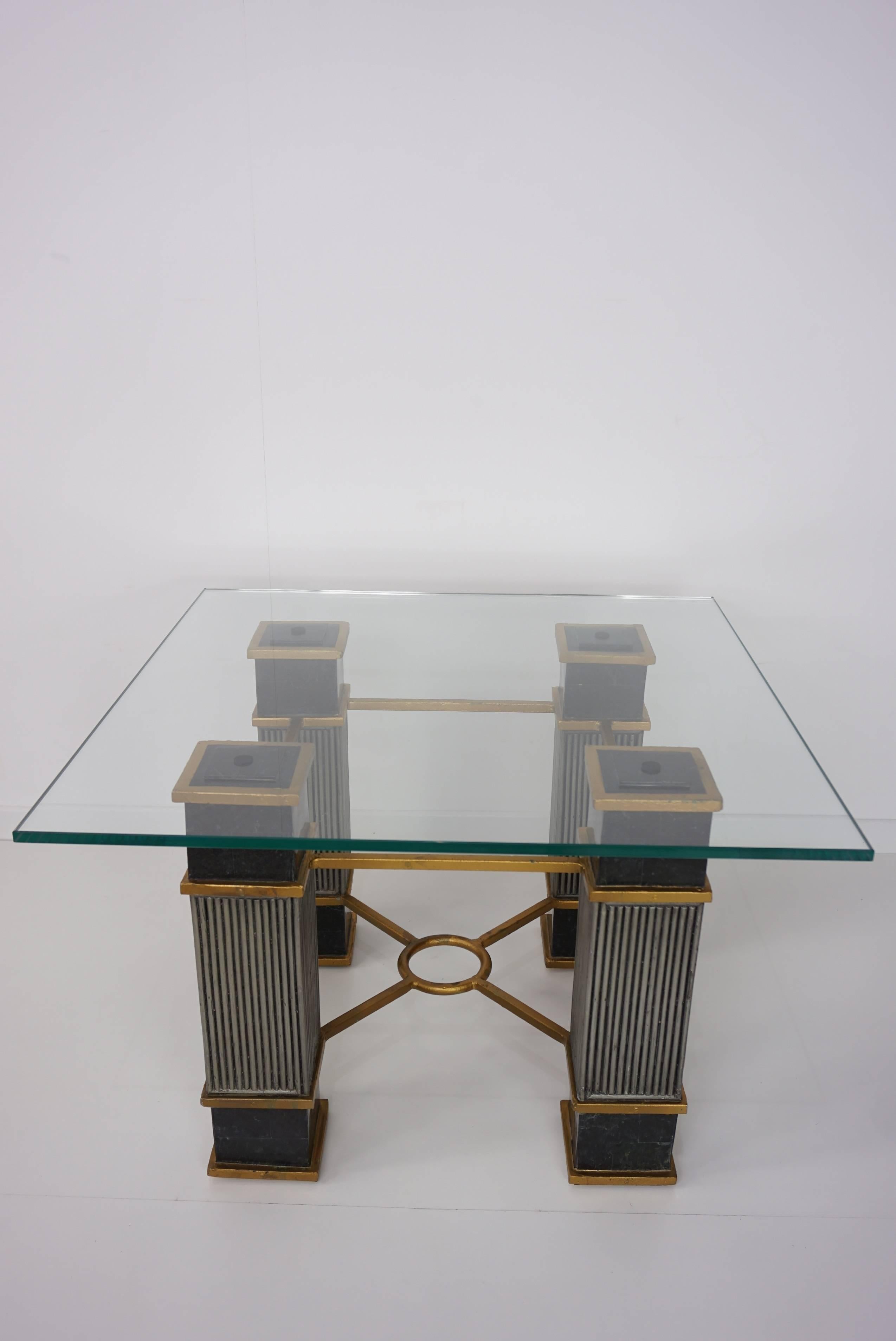 European Black Marble and Glass Coffee Table Hollywood Regency Style