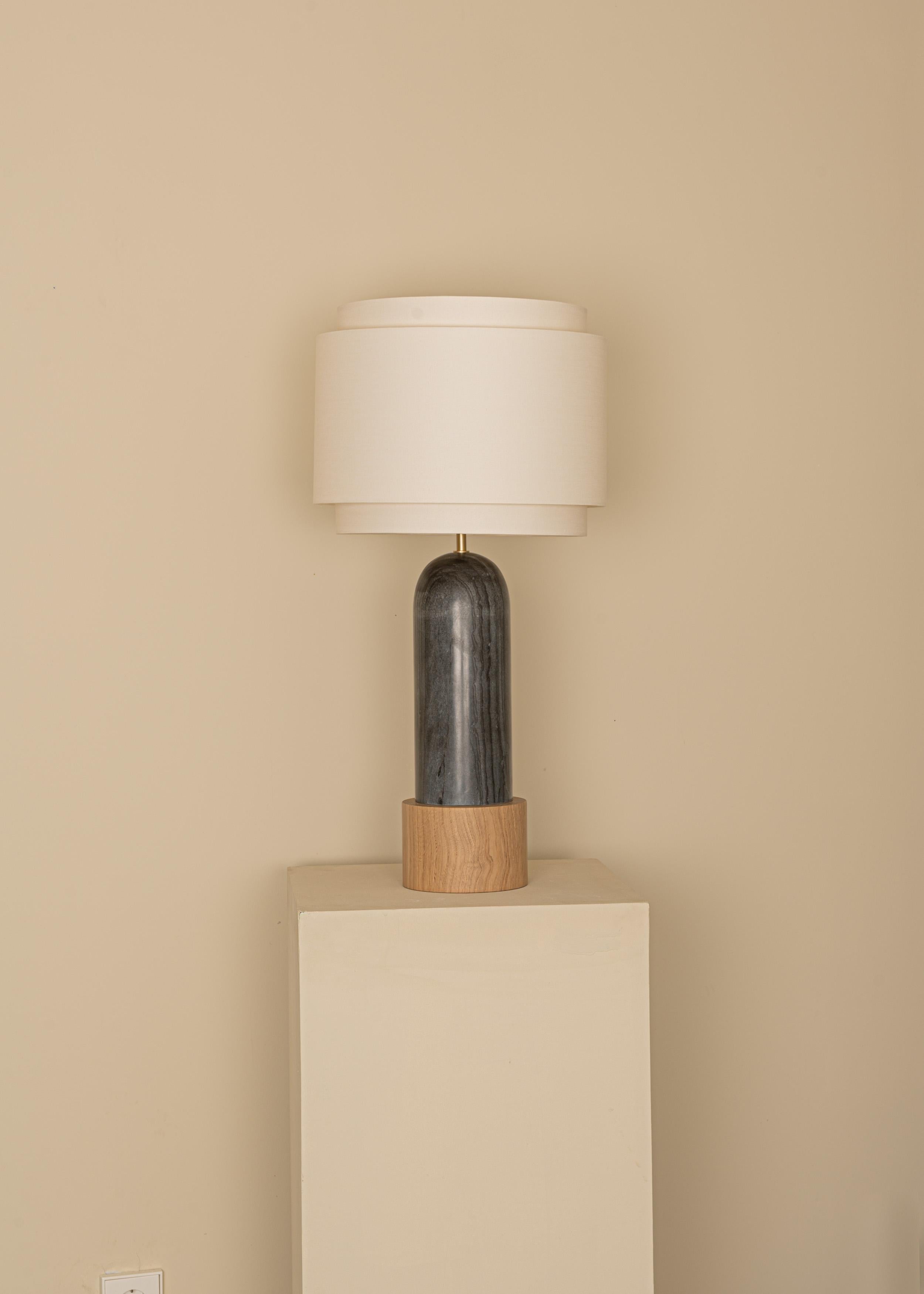 Black Marble And Oak Base Pura Kelo Double Table Lamp by Simone & Marcel
Dimensions: D 35 x W 35 x H 69 cm.
Materials: Brass, cotton, oak and black marble.

Also available in different marble, wood and alabaster options and finishes. Custom options