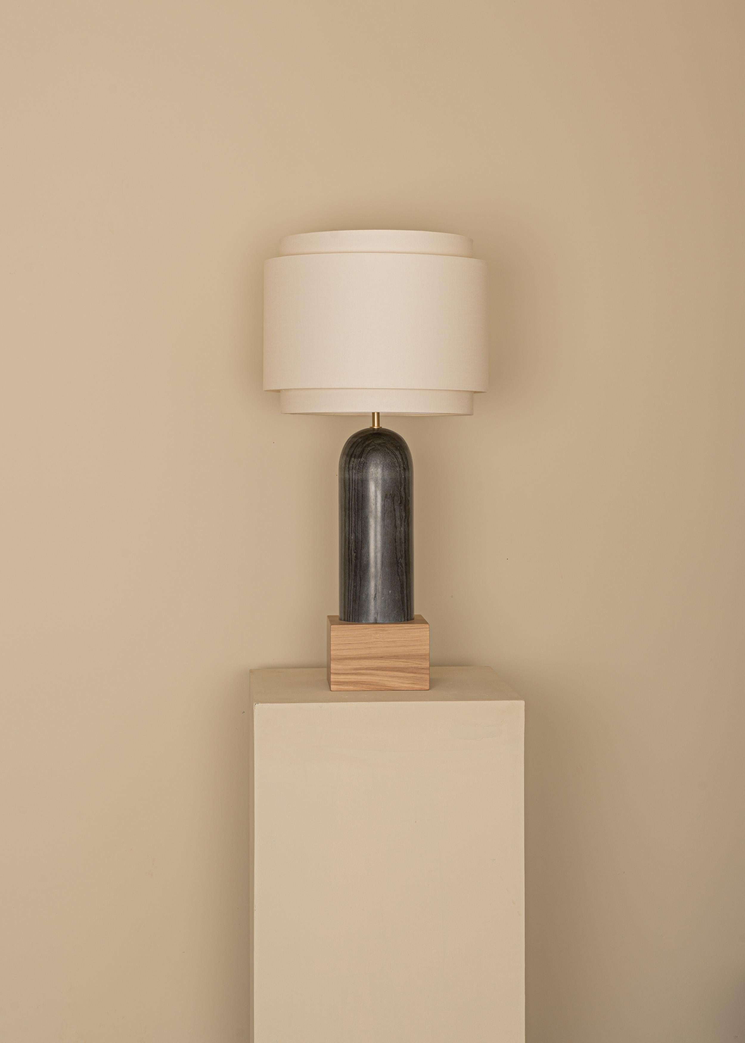 Black Marble And Oak Base Pura Kelo Double Table Lamp by Simone & Marcel
Dimensions: D 35 x W 35 x H 69 cm.
Materials: Brass, cotton, oak and black marble.

Also available in different marble, wood and alabaster options and finishes. Custom options