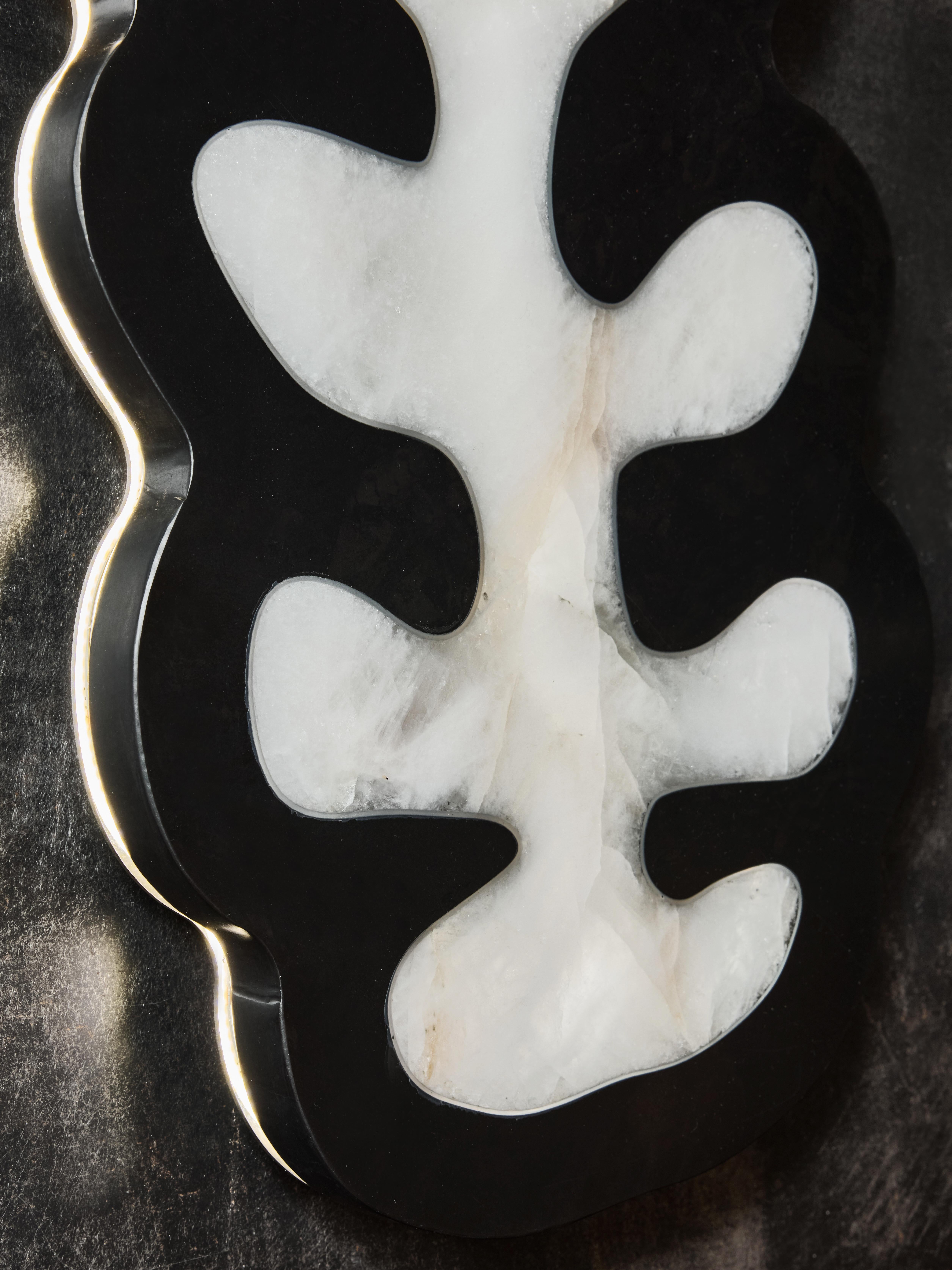 Contemporary Black Marble and Rock Crystal Tall Leaves Wall Sconces For Sale