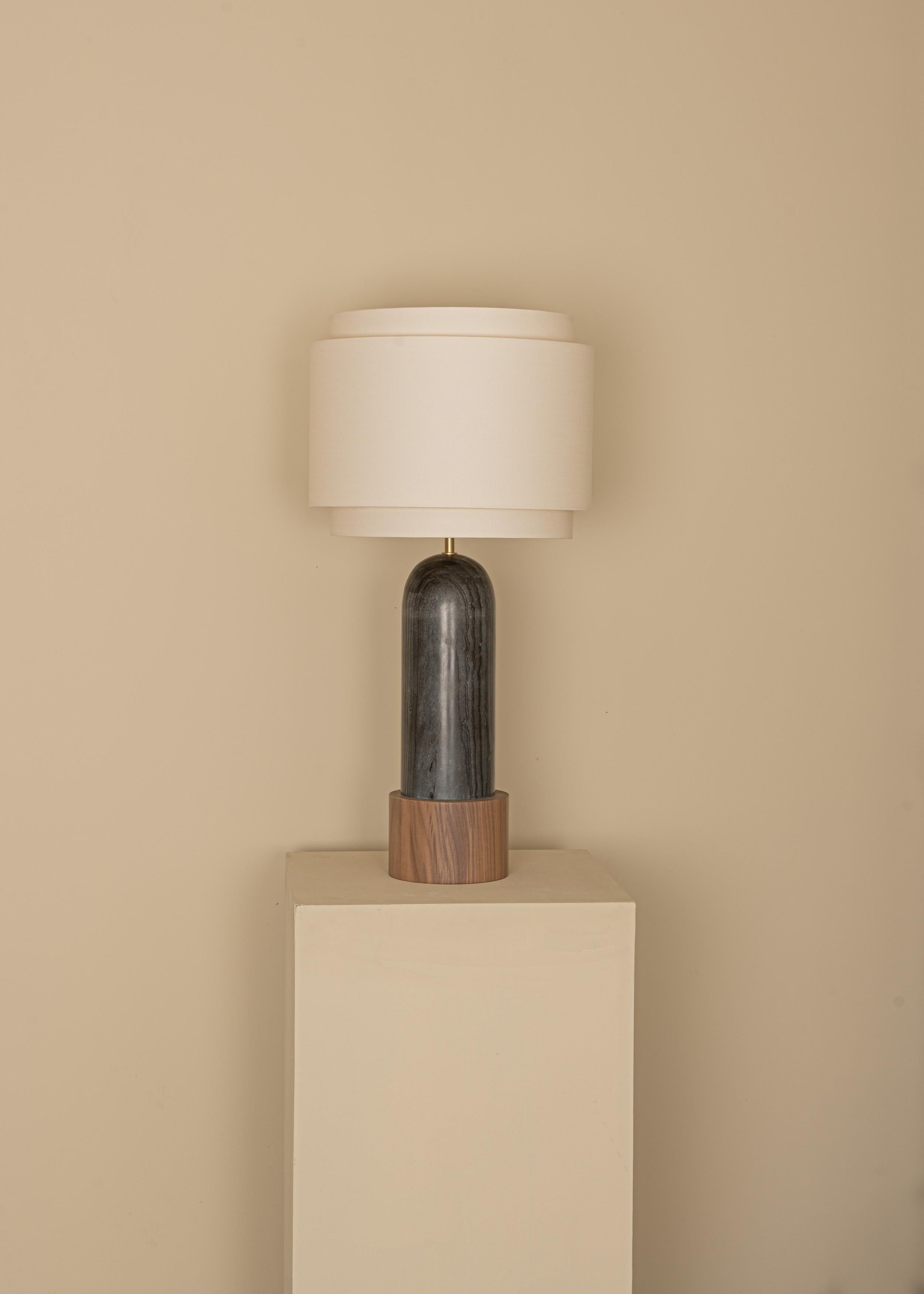 Black Marble And Walnut Base Pura Kelo Double Table Lamp by Simone & Marcel
Dimensions: D 35 x W 35 x H 69 cm.
Materials: Brass, cotton, walnut and black marble.

Also available in different marble, wood and alabaster options and finishes. Custom