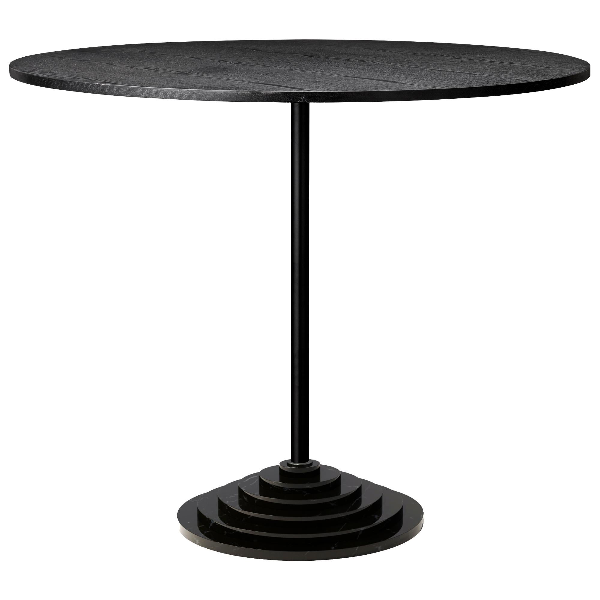 Black marble base side table 
Dimensions: Ø90 x H74 CM
Materials: Steel frame, marble base, veneer

Elegant table with a heavymarble base which creates an unique look.