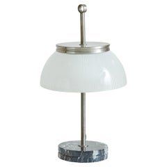 Black Marble Base Table Lamp with Ribbed Glass Shade, Italy 1970s