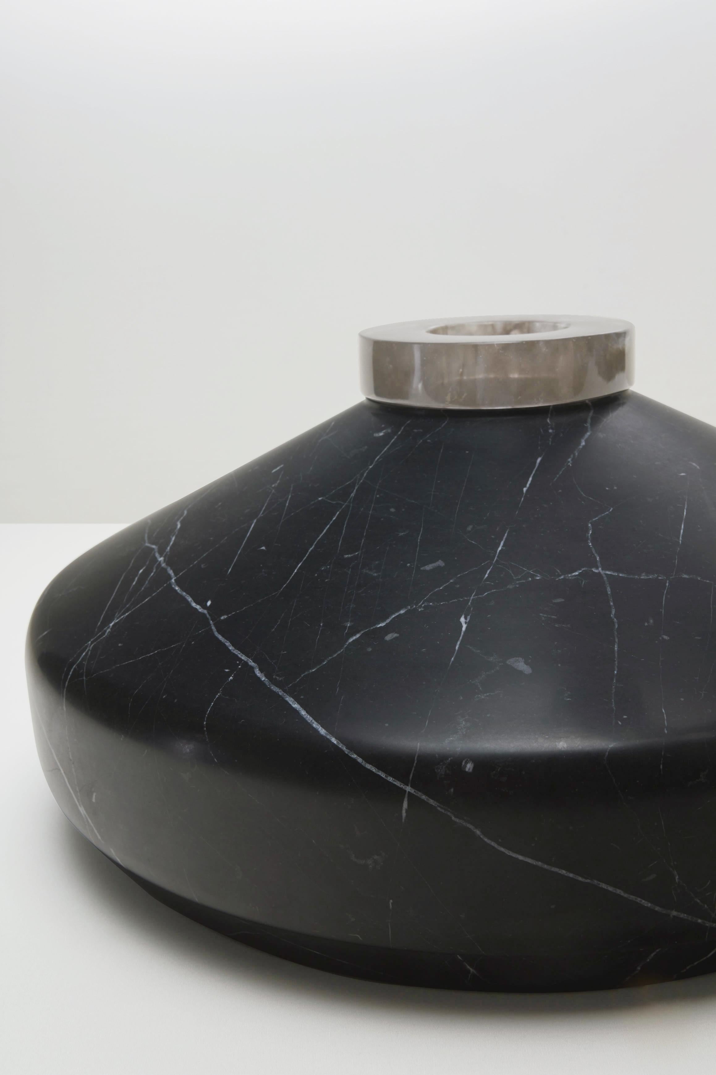 Modern Black Marble Bottle Form Vase with Mocha Rock Crystal Accent by Gilles Caffier For Sale