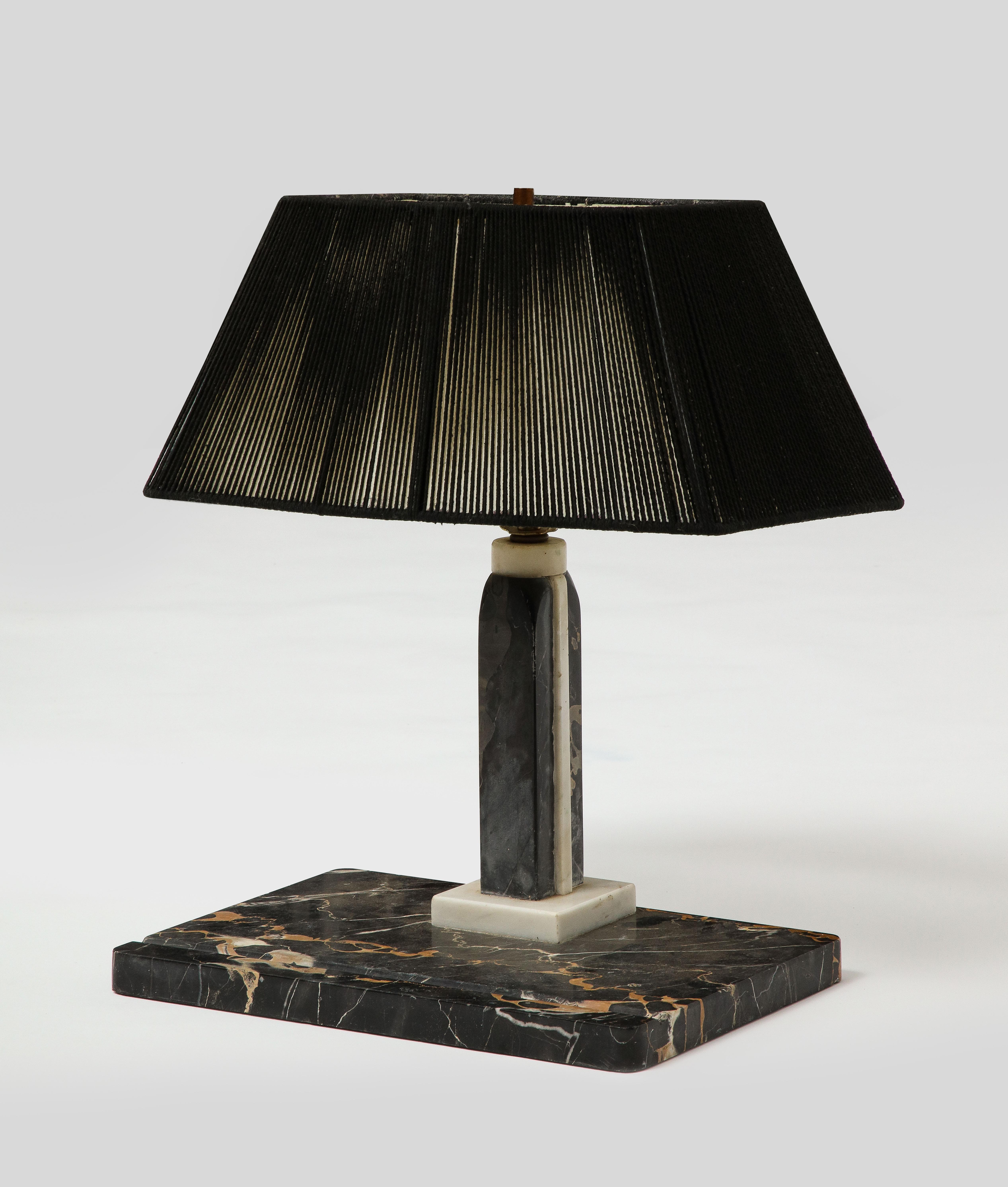 Mid-Century modern style black marble table or desk lamp with black string lamp shade. Has a pen ridge at front of marble base.
 