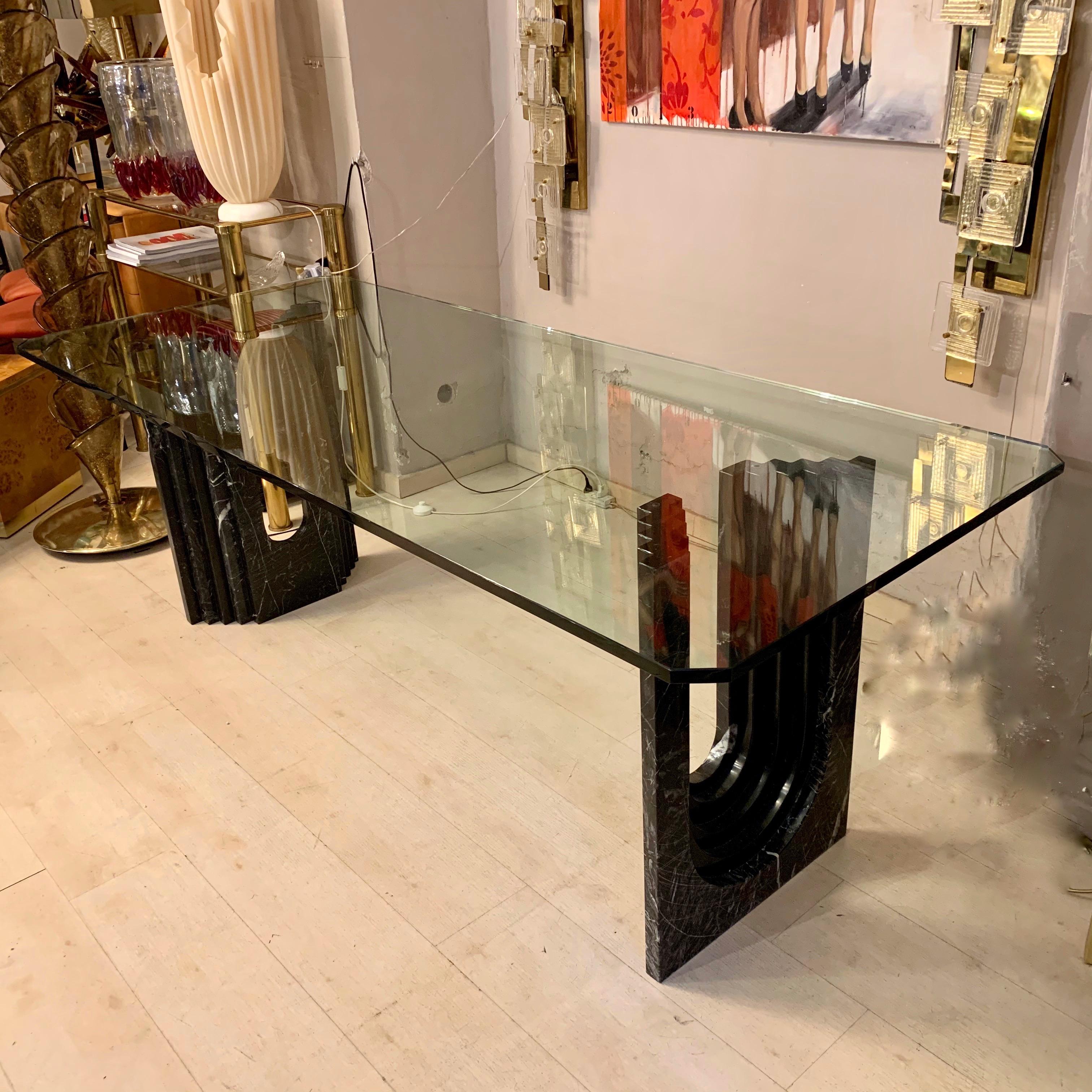Mid-Century Modern Black Marble Dining Table with Crystal Top, 1970s