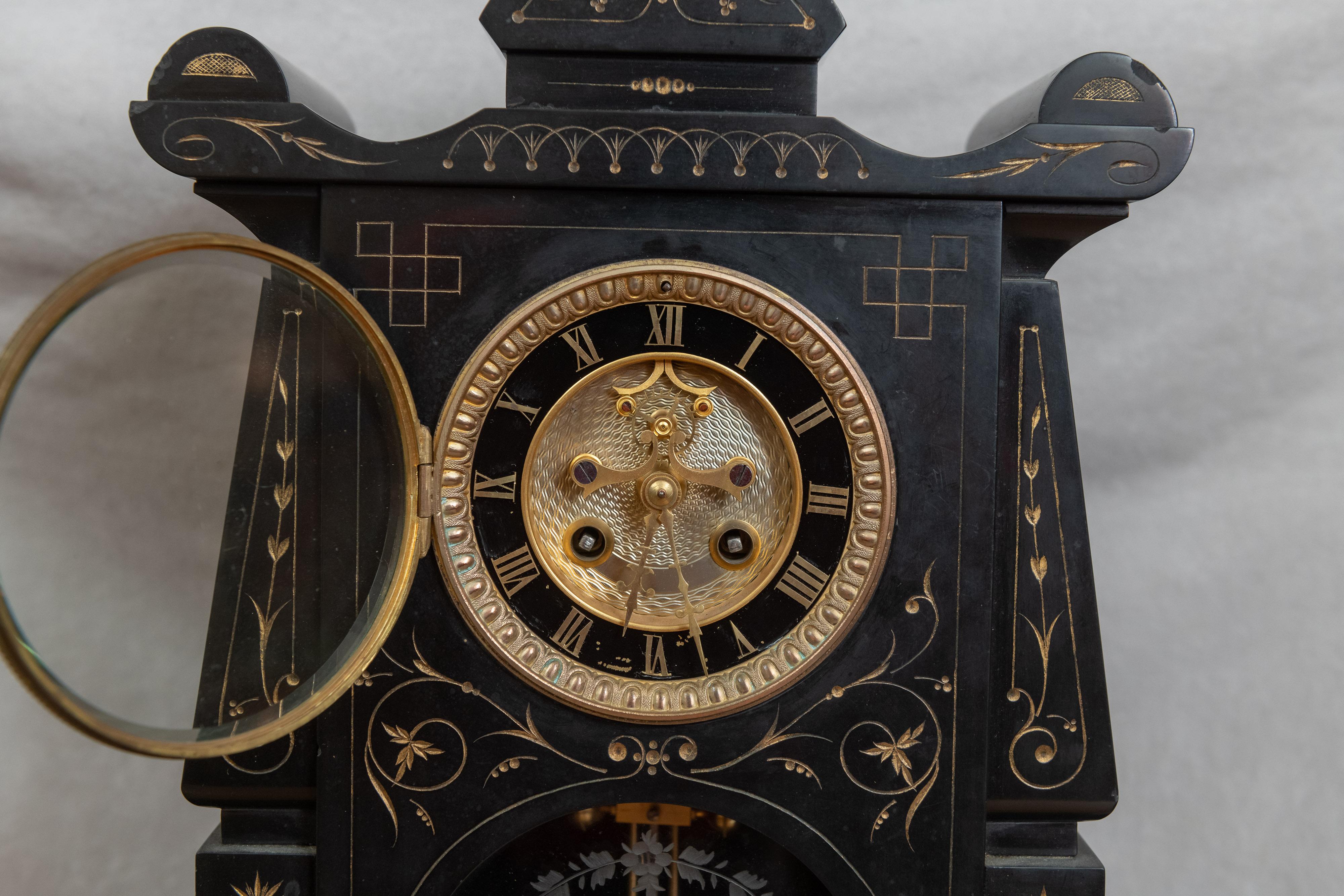 Hand-Crafted Black Marble French Mantel Clock, circa 1890