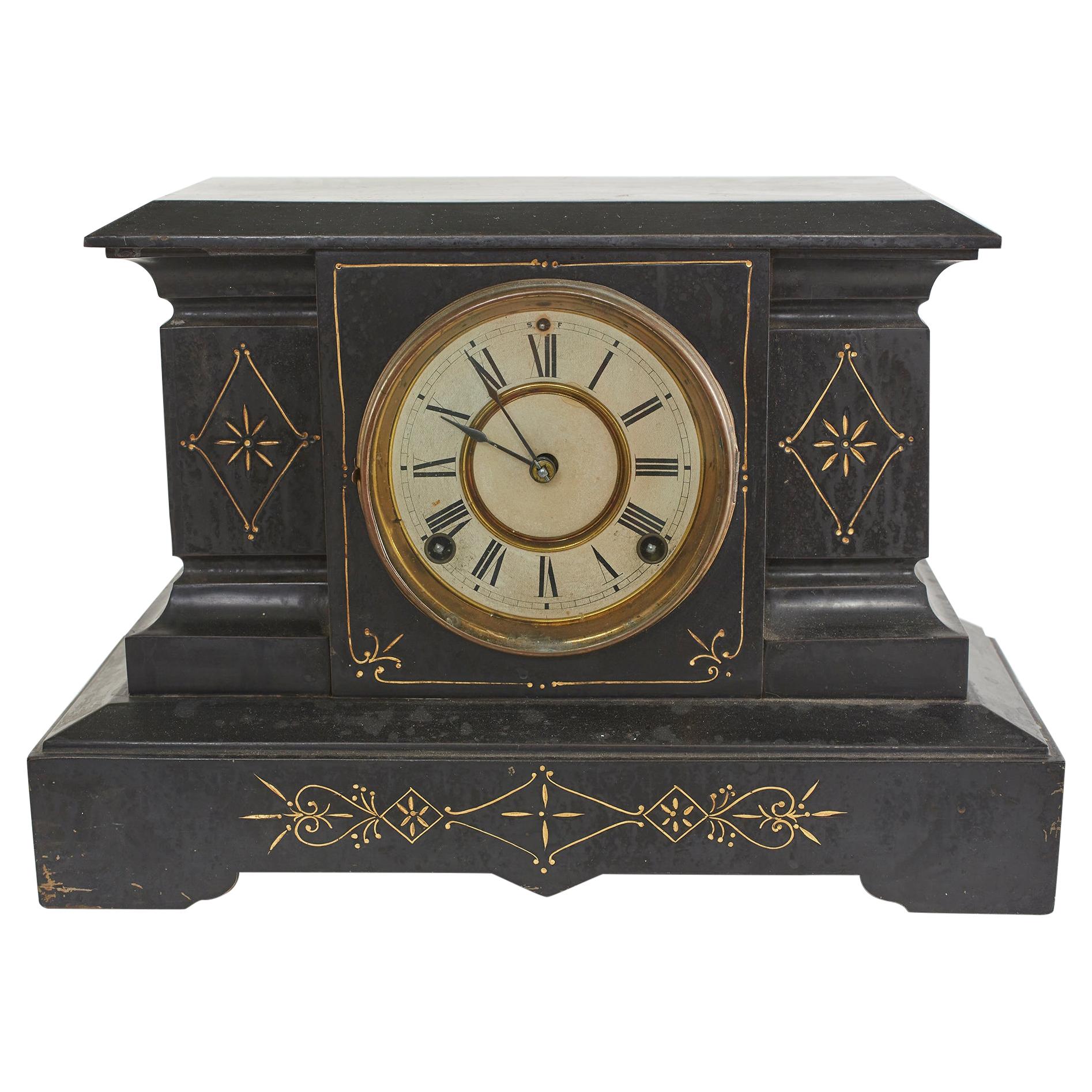 Black Marble / Gilt Ansonian Mantel / Desk Clock