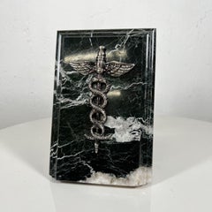 Black Marble Modern Wedge Bookend Pair Antiqued Silver Caduceus Medical Emblem