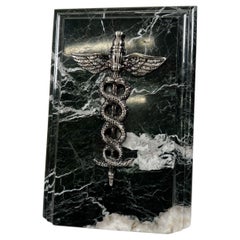 Black Marble Modern Wedge Bookend Pair Antiqued Silver Caduceus Medical Emblem