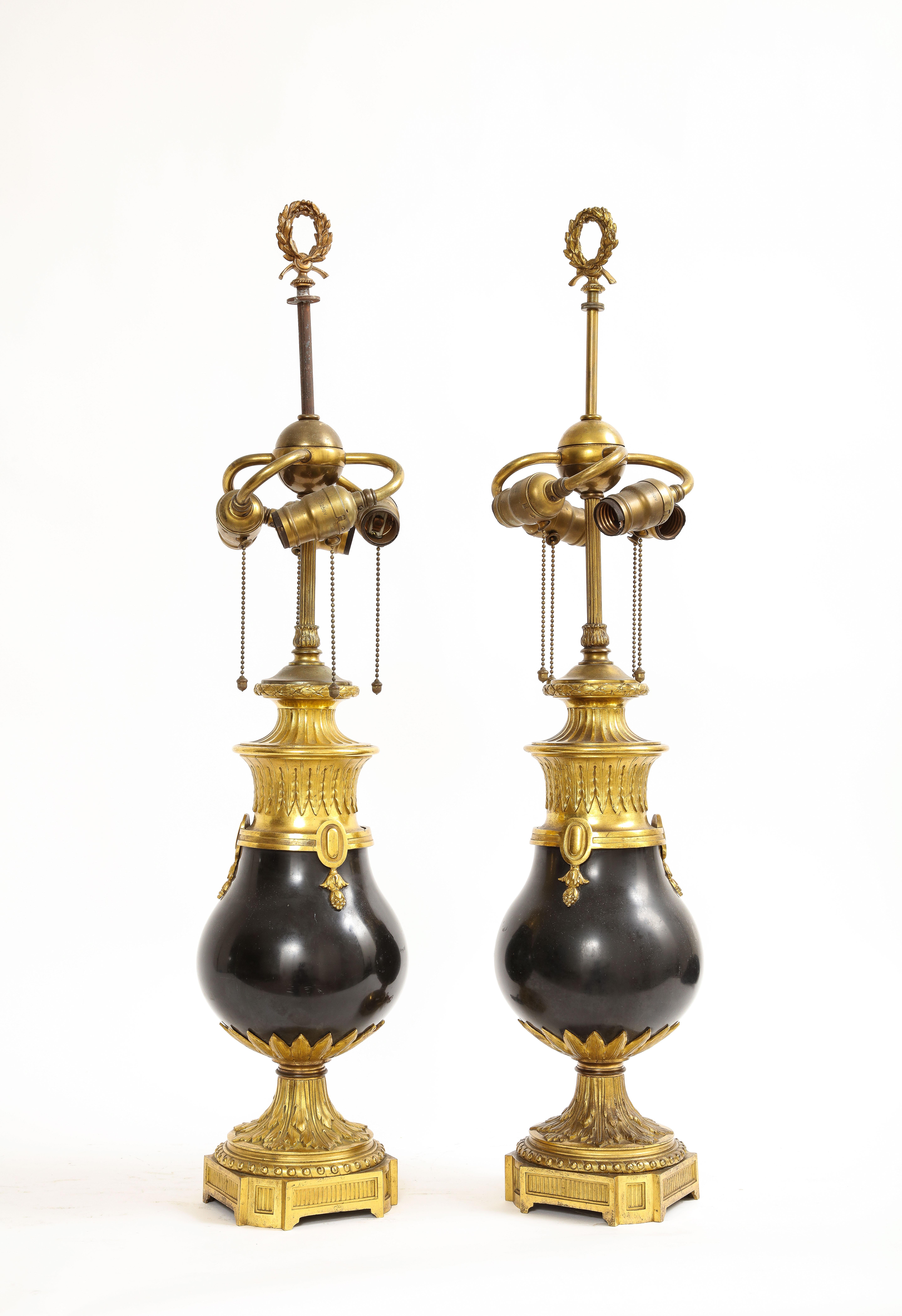 Polished Black Marble Ormolu Mounted Caldwell Lamps, 1800s For Sale