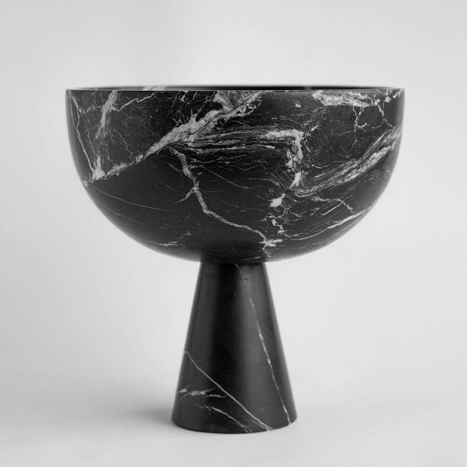 Modern Black Marble Pedestal Bowl Medium For Sale