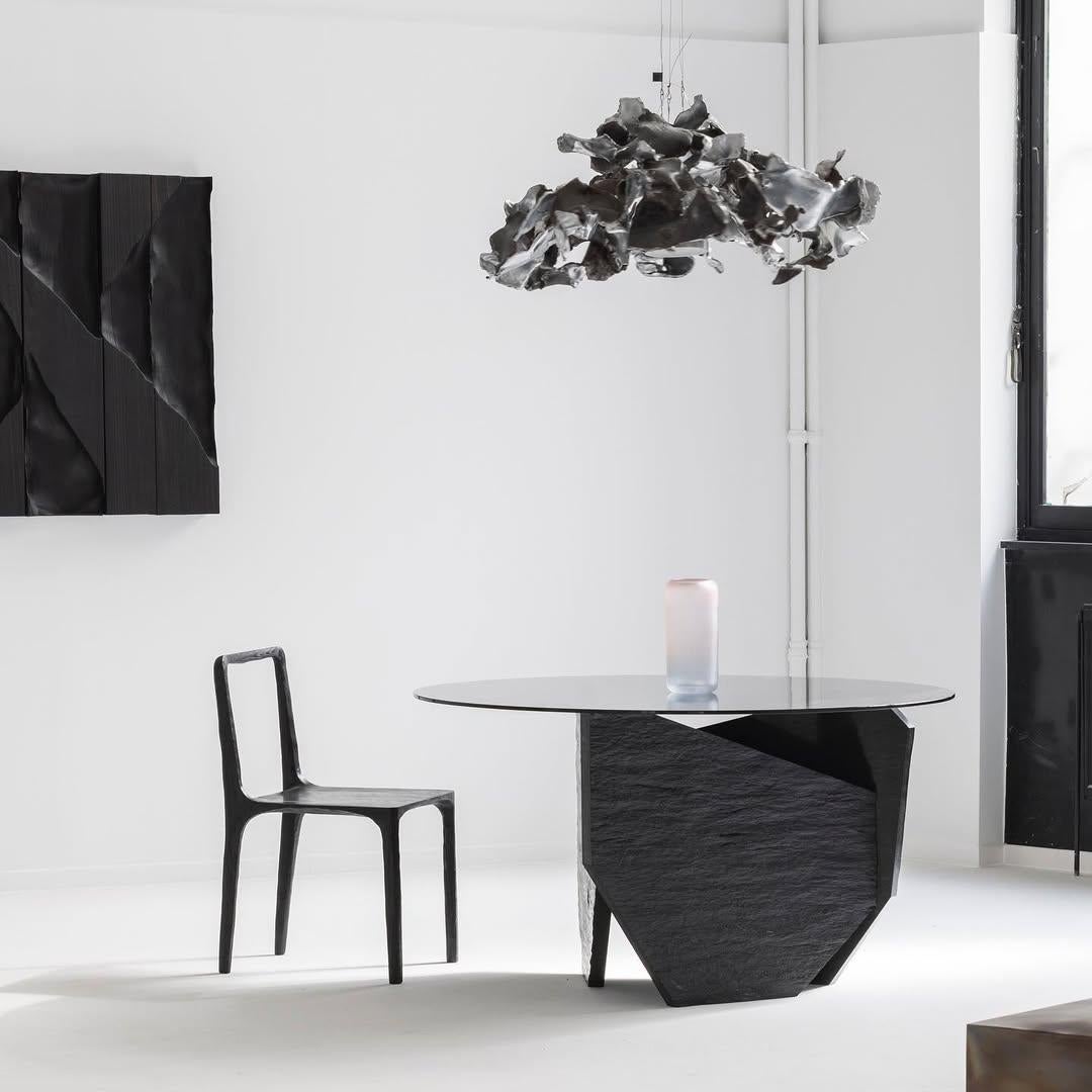 Black Marble Slate Dining Table with Black Mirror Top Signed by Frederic Saulou For Sale 11