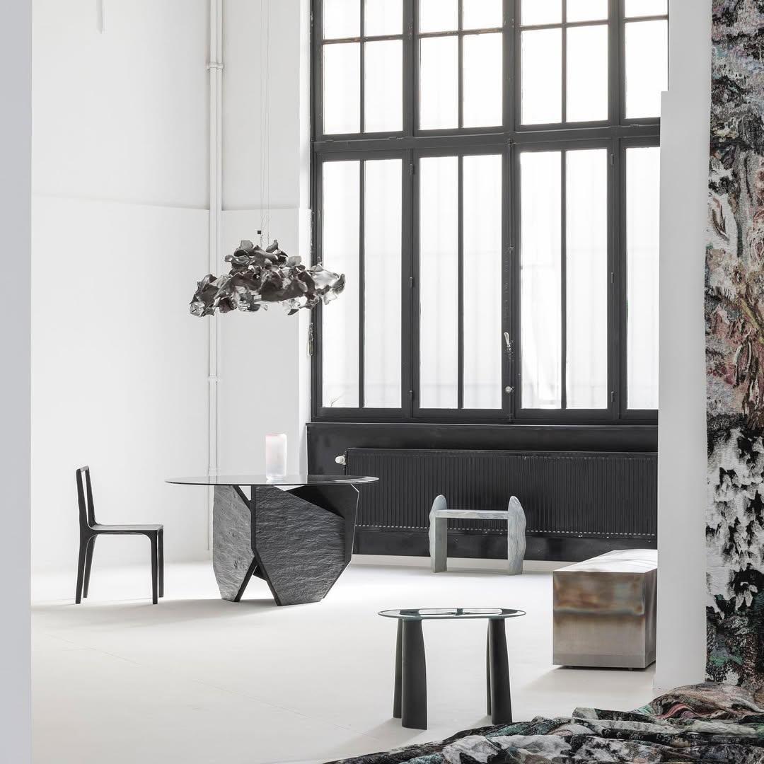 Black Marble Slate Dining Table with Black Mirror Top Signed by Frederic Saulou For Sale 12
