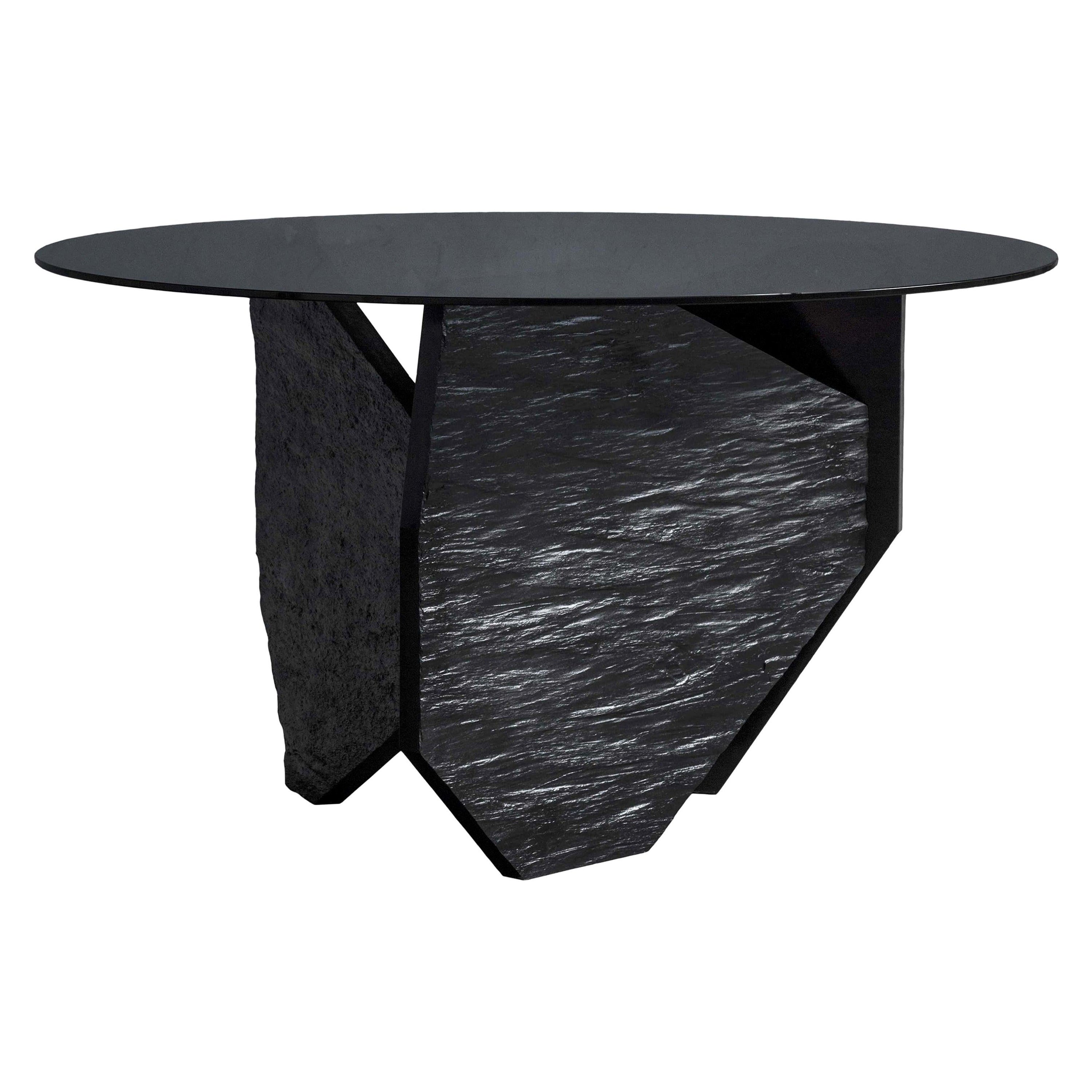 Black Marble Slate Dining Table with Black Mirror Top Signed by Frederic Saulou