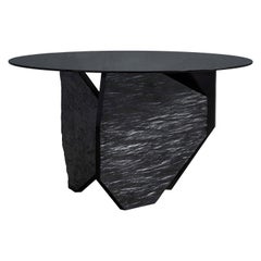 Black Marble Slate Dining Table with Black Mirror Top Signed by Frederic Saulou