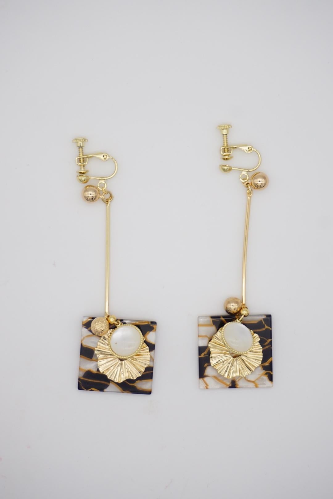 Black Marble Square Opal Gold Wave Disc Flower Long Drop Dangle Clip On Earrings For Sale 1